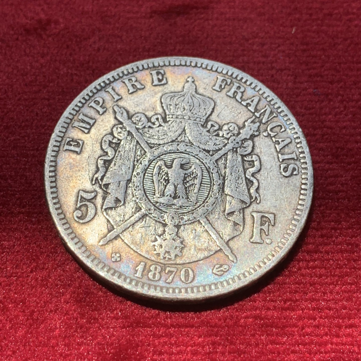 《竞宝斋》第89场-本周日，周一，周四，3场连拍（全场不限金额包邮） 法国 1870年 拿三5法郎大银币 原味带彩