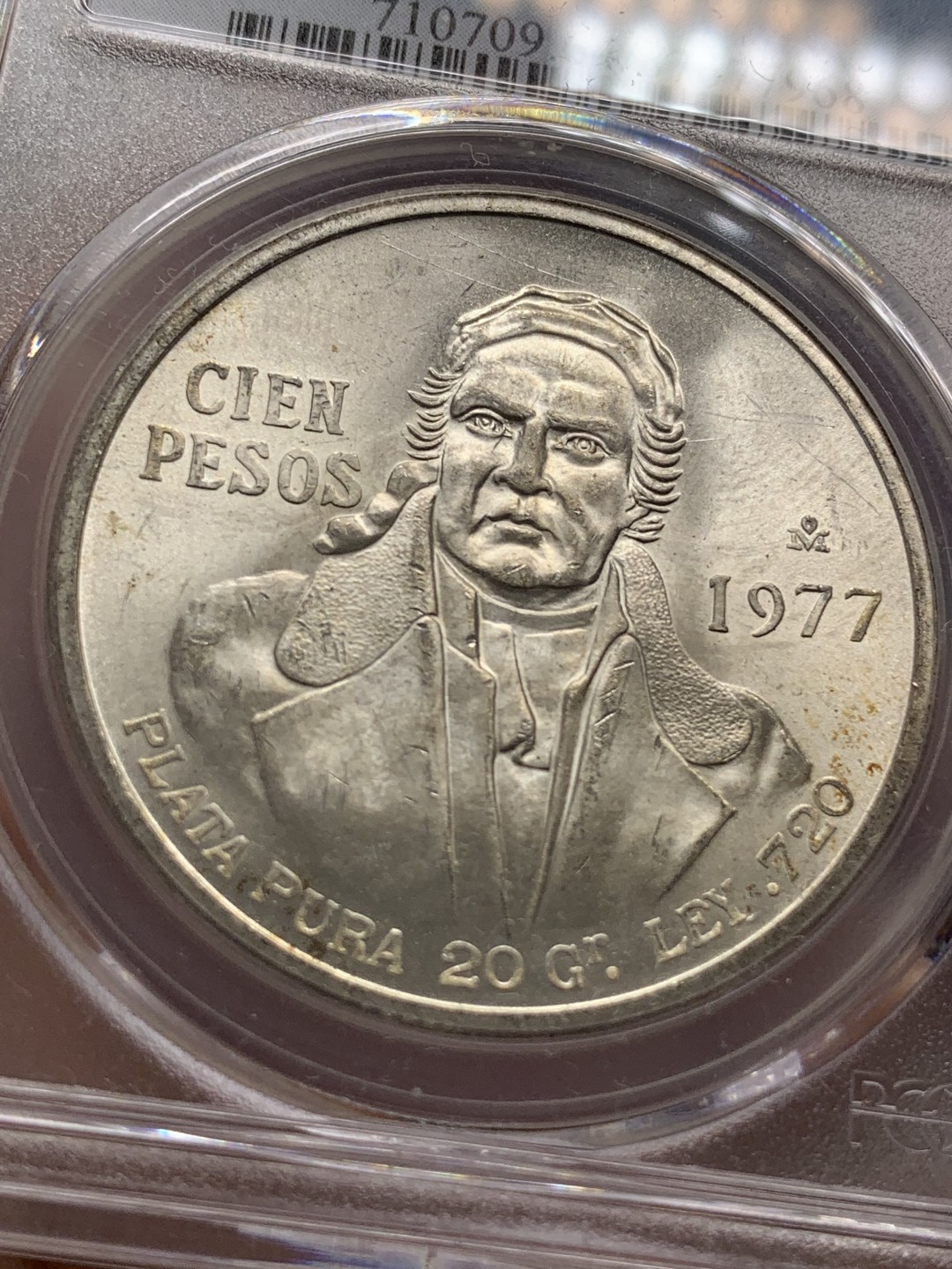 《竞宝斋》第89场-本周日，周一，周四，3场连拍（全场不限金额包邮） PCGS-MS64  墨西哥 1977年MO 普拉塔普拉100比索银币 