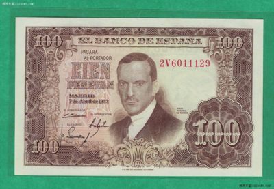 西班牙1953年(1955年)100比塞塔 9位红号码 欧洲纸币 实物图 UNC - 西班牙1953年(1955年)100比塞塔 9位红号码 欧洲纸币 实物图 UNC