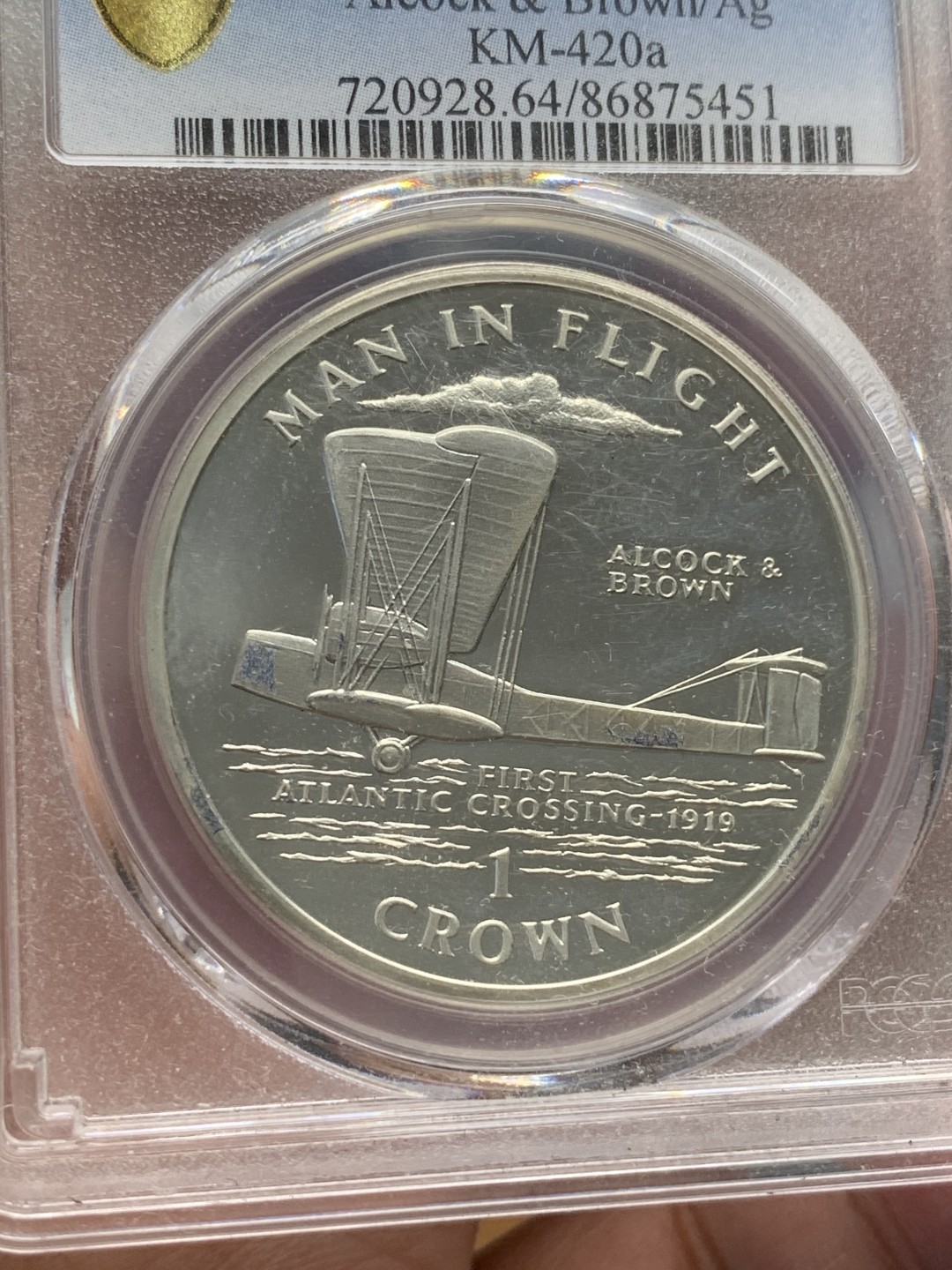 《竞宝斋》第89场-本周日，周一，周四，3场连拍（全场不限金额包邮） PCGS-PR64  马恩岛 1994年 纪念第一次横跨大西洋克朗银币 