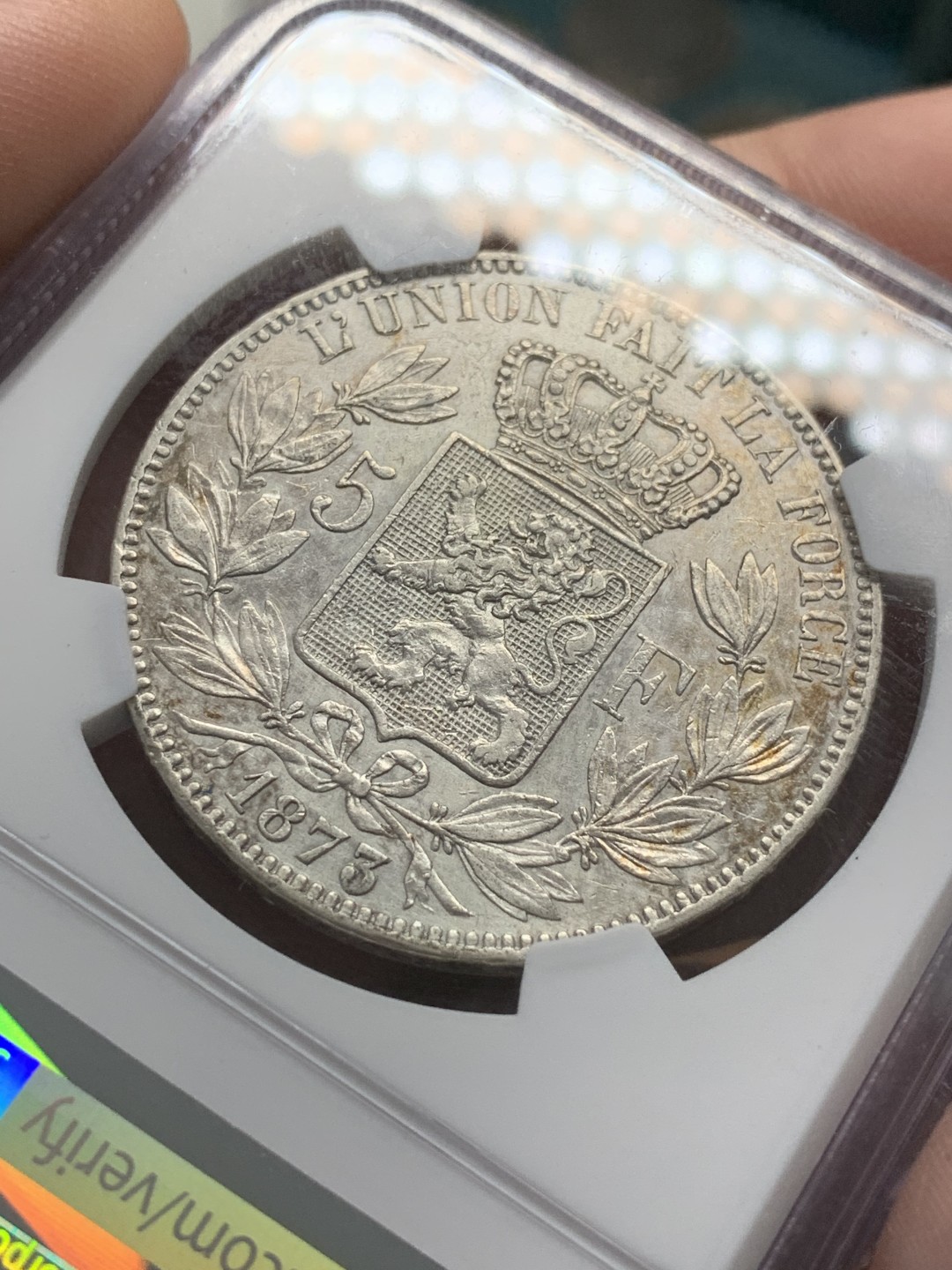 《竞宝斋》第89场-本周日，周一，周四，3场连拍（全场不限金额包邮） NGC-XFD  比利时 1873年 5法郎银币  