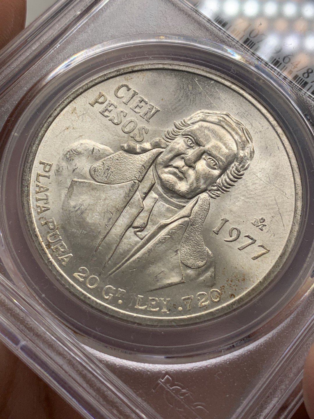 《竞宝斋》第89场-本周日，周一，周四，3场连拍（全场不限金额包邮） PCGS-MS64  墨西哥 1977年MO 普拉塔普拉100比索银币 