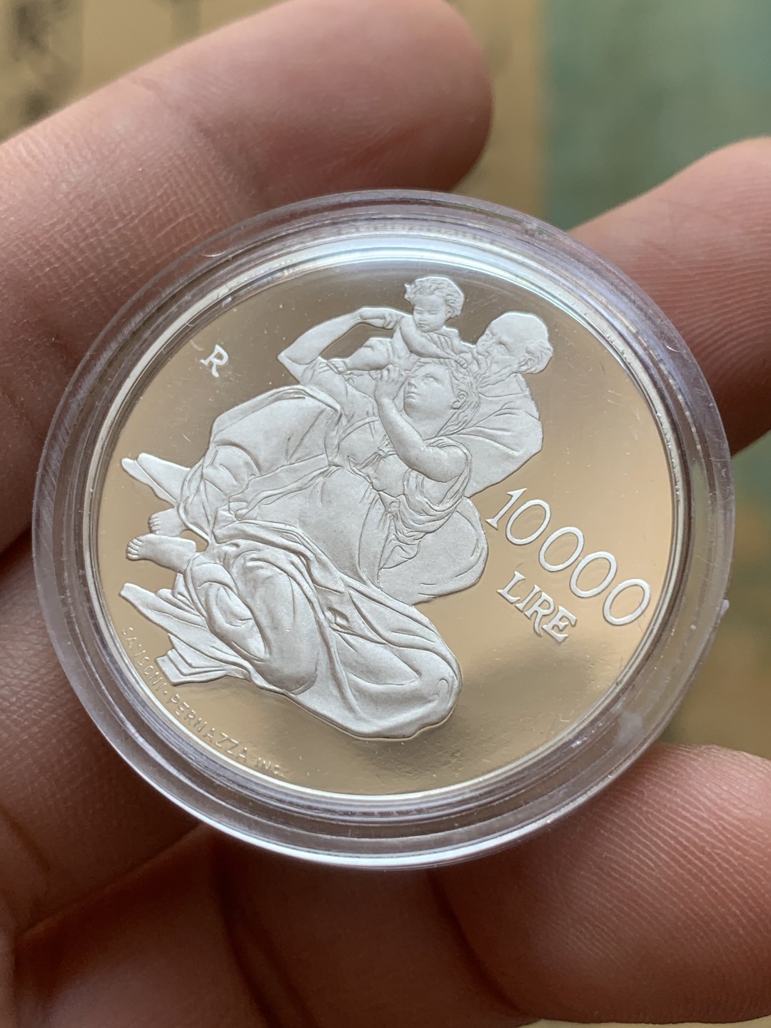 《竞宝斋》第89场-本周日，周一，周四，3场连拍（全场不限金额包邮） 圣马力诺2000年 米开朗基罗画作系列 10000里拉精制大银币 22克 835银