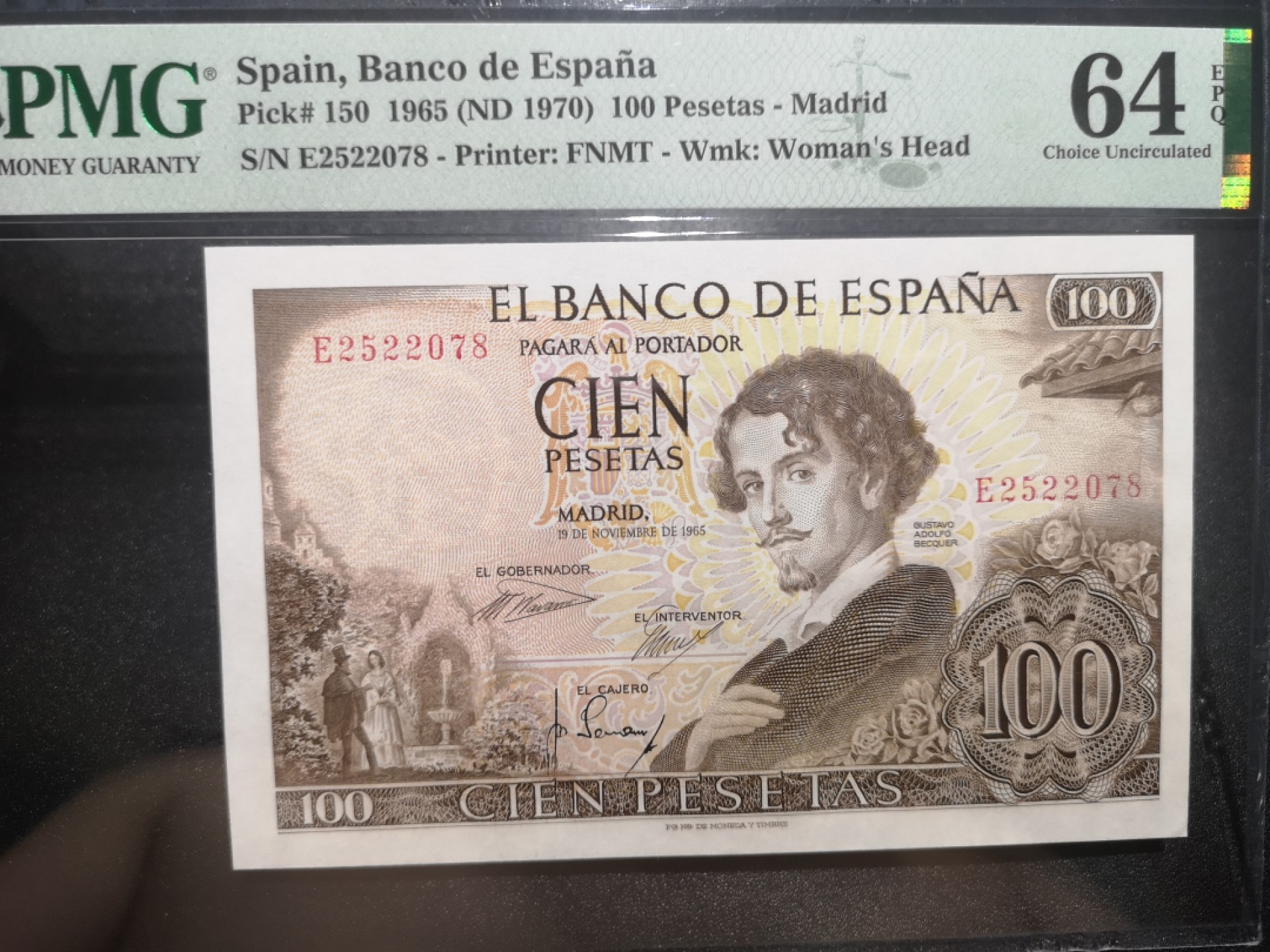 《外钞收藏家》第一百九十七期 1965年西班牙100比塞塔 PMG64