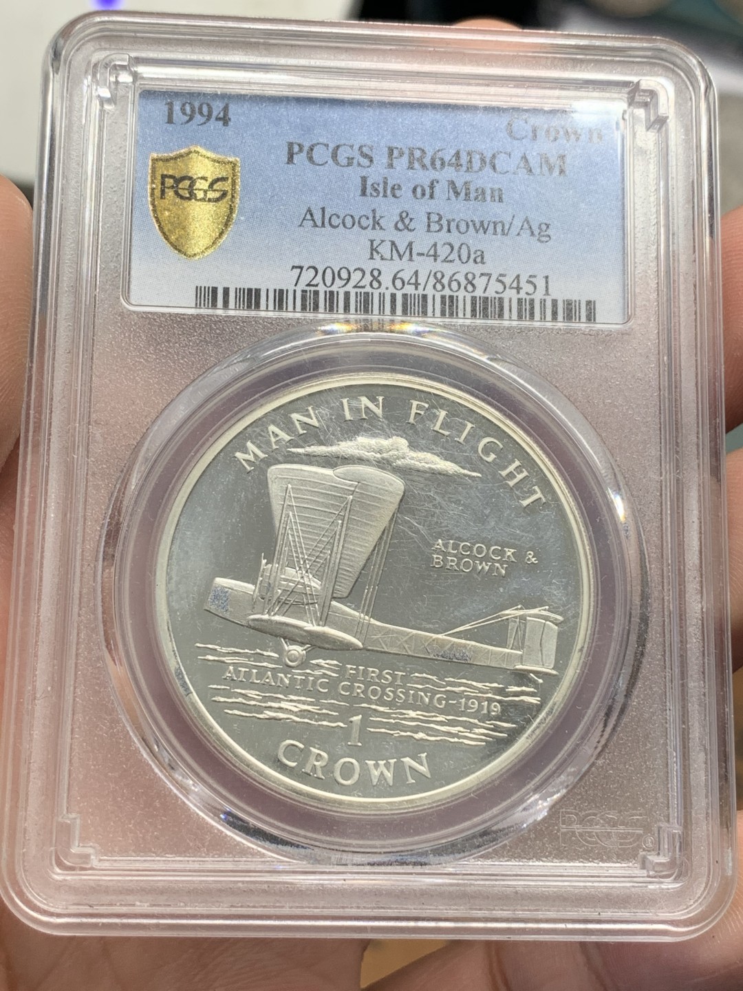 《竞宝斋》第89场-本周日，周一，周四，3场连拍（全场不限金额包邮） PCGS-PR64  马恩岛 1994年 纪念第一次横跨大西洋克朗银币 