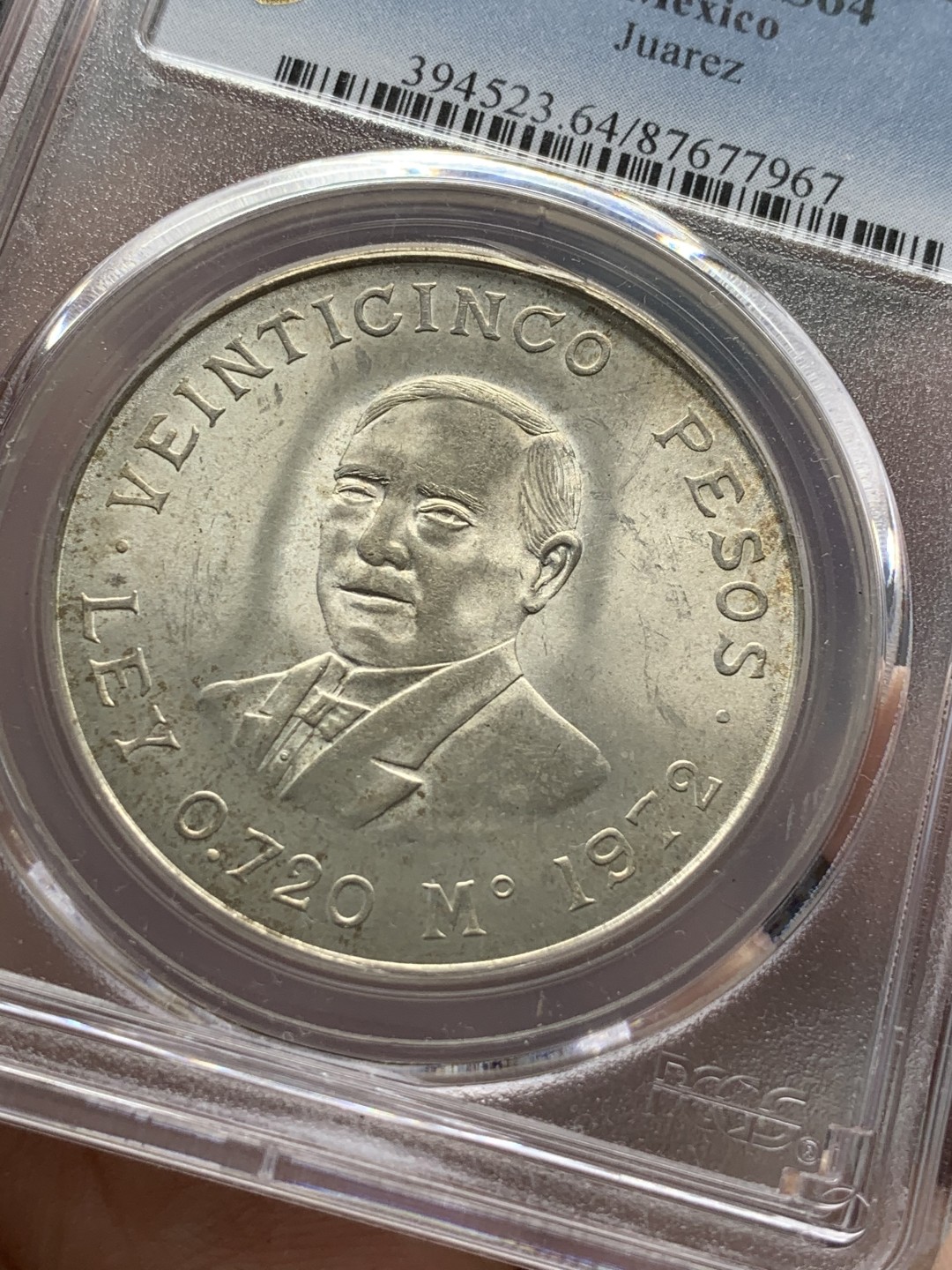 《竞宝斋》第89场-本周日，周一，周四，3场连拍（全场不限金额包邮） PCGS-MS64  墨西哥 1972年MO 华雷斯25比索银币 