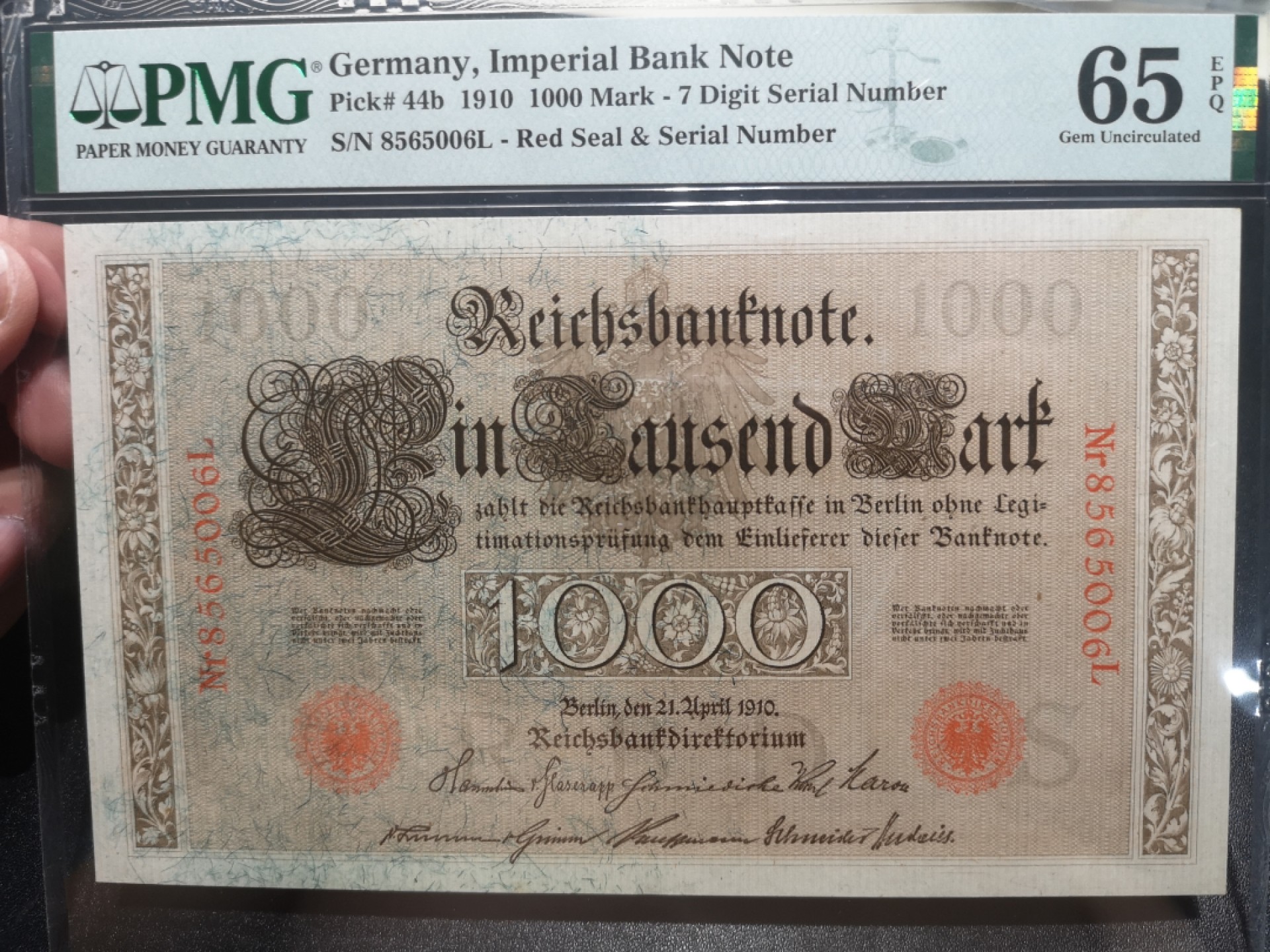 《外钞收藏家》第一百九十七期 1910年德国1000马克 PMG65 超大票幅 无47