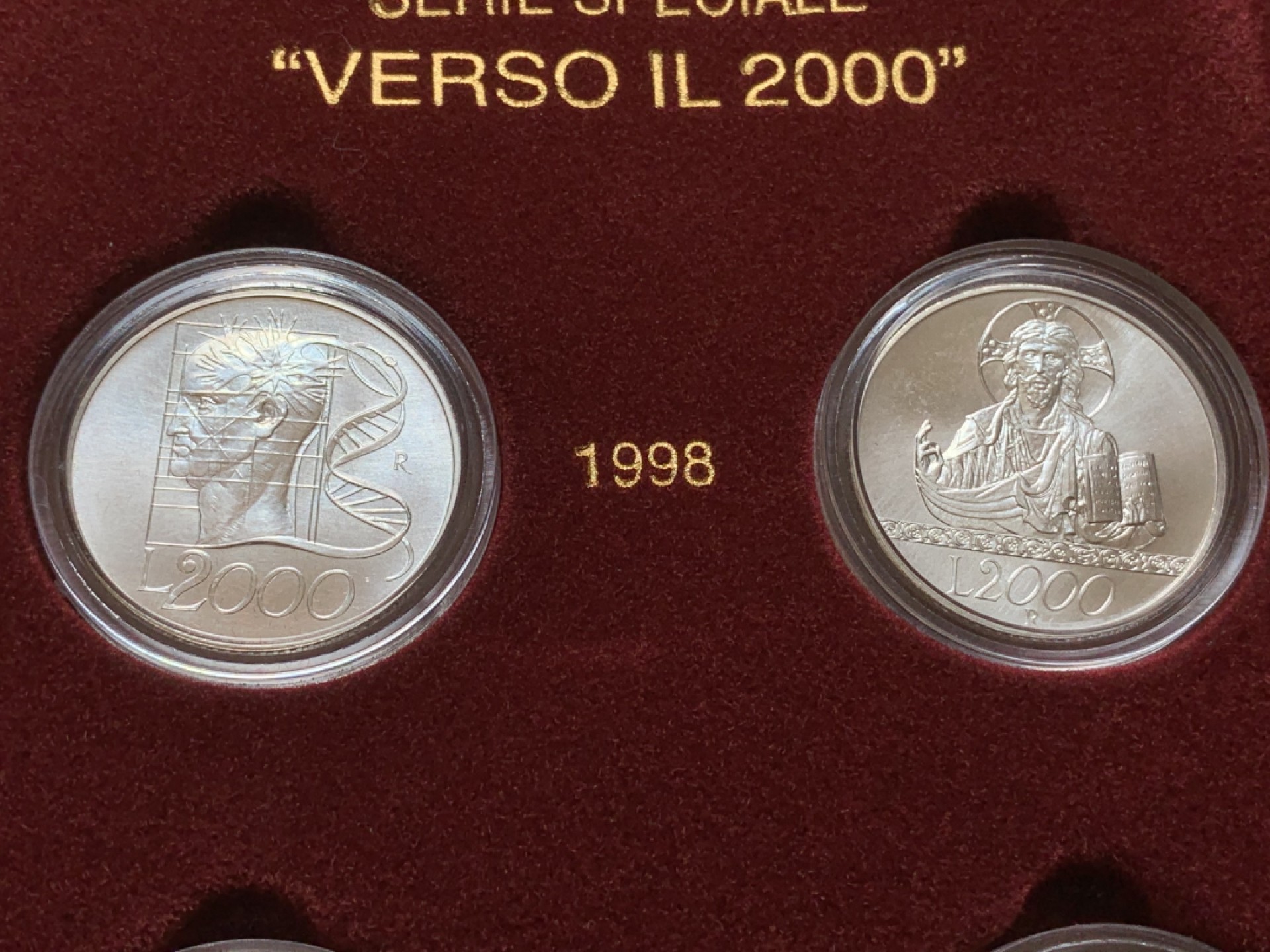 《竞宝斋》第89场-本周日，周一，周四，3场连拍（全场不限金额包邮） 原盒证书 意大利1998-2000年 千禧年六枚装 2000/5000/10000里拉 银币 完美品