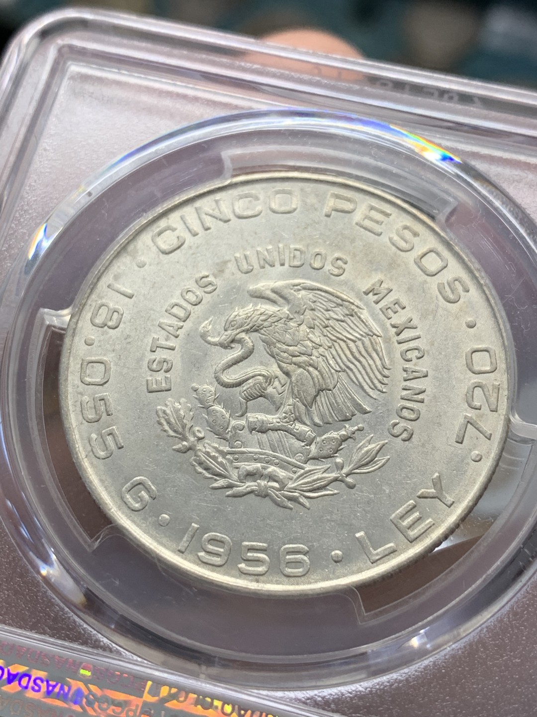 《竞宝斋》第89场-本周日，周一，周四，3场连拍（全场不限金额包邮） PCGS-AU58  墨西哥 1956年MO 伊达尔戈5比索银币 