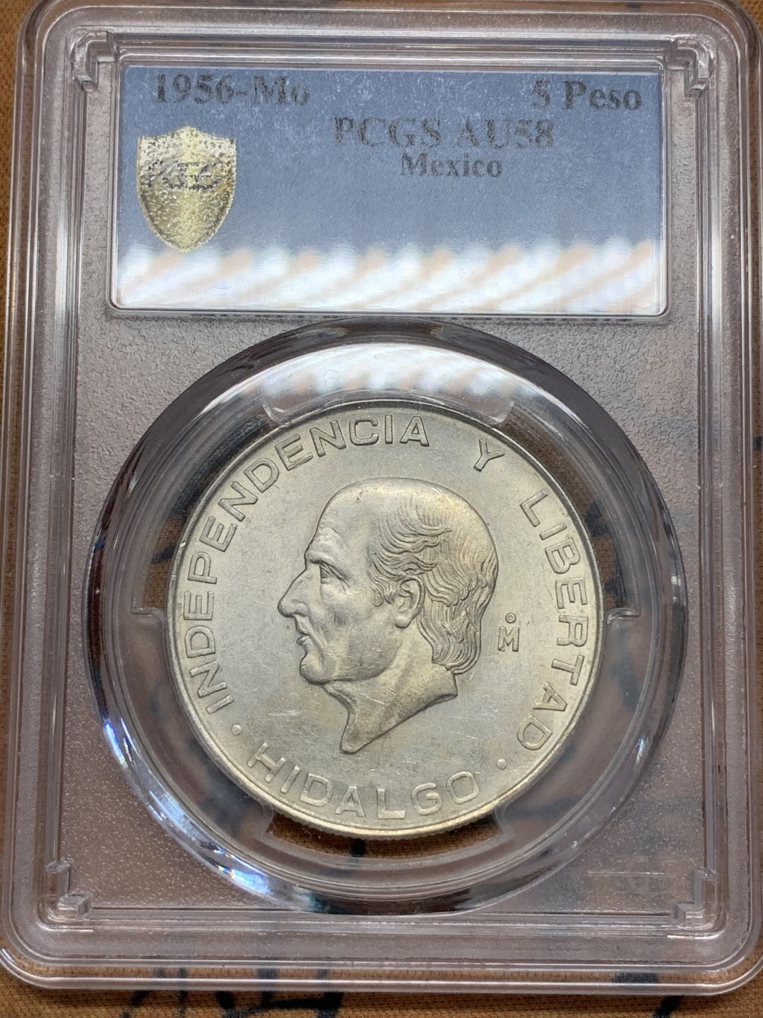 《竞宝斋》第89场-本周日，周一，周四，3场连拍（全场不限金额包邮） PCGS-AU58  墨西哥 1956年MO 伊达尔戈5比索银币 