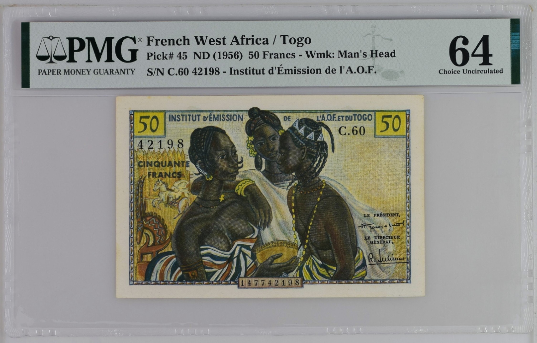 收藏联盟Quantum Auction 第187期拍卖 法属西非(多哥)1956年50法郎 PMG64 三个小黑妞