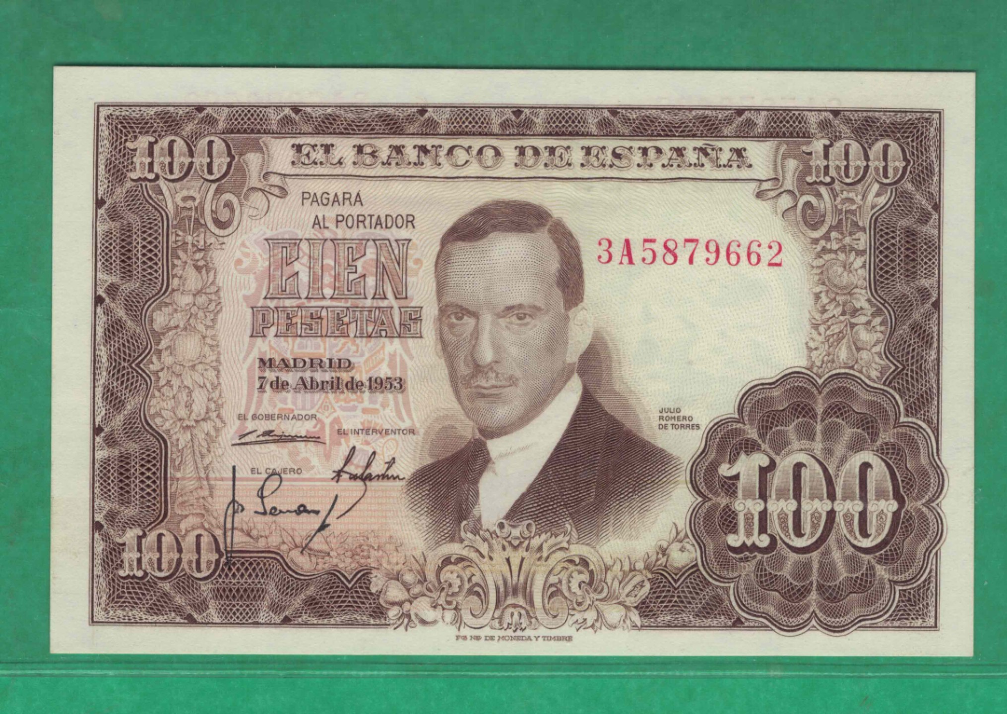 西班牙1953年(1955年)100比塞塔 9位红号码 欧洲纸币 实物图 UNC
