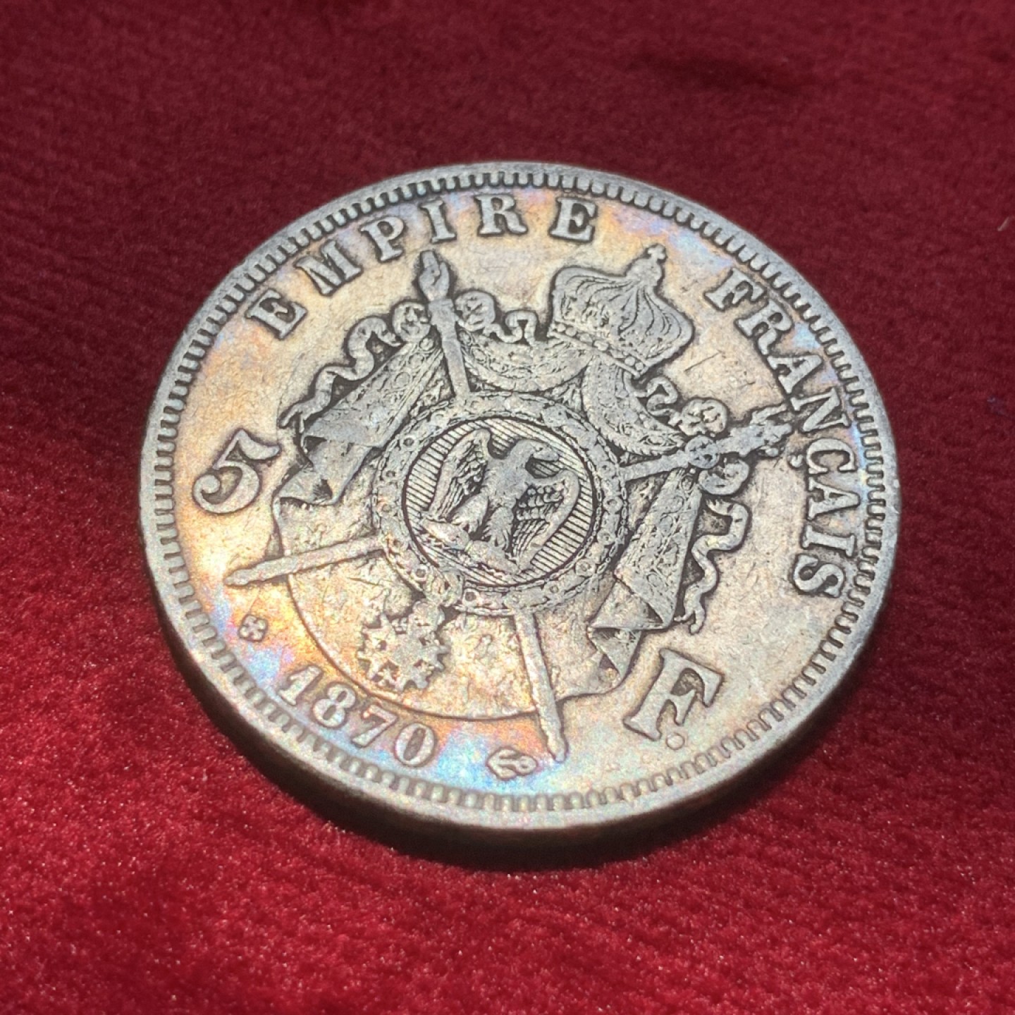 《竞宝斋》第89场-本周日，周一，周四，3场连拍（全场不限金额包邮） 法国 1870年 拿三5法郎大银币 原味带彩