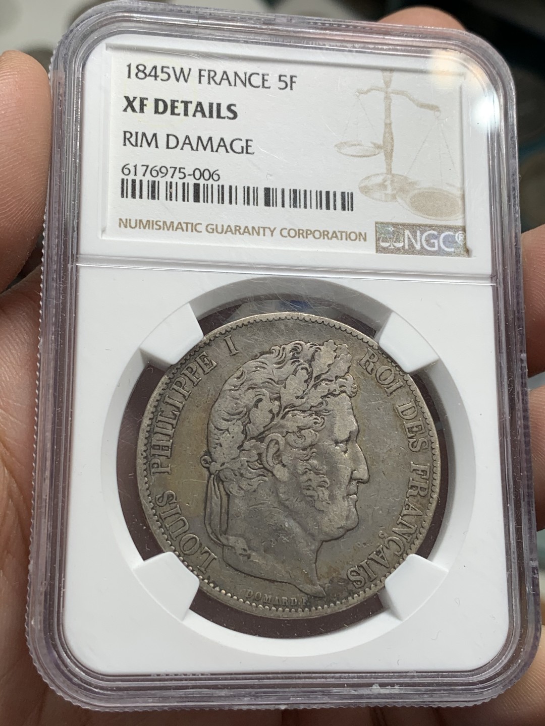 《竞宝斋》第89场-本周日，周一，周四，3场连拍（全场不限金额包邮） NGC-XFD  法国 1845年W 菲利普一世 5法郎银币  