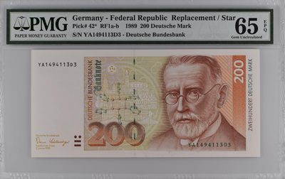 收藏联盟Quantum Auction 第187期拍卖 - 德国联邦1989年200马克 PMG65 补号 医学家艾尔利希（早期梅毒特效药666发现者）