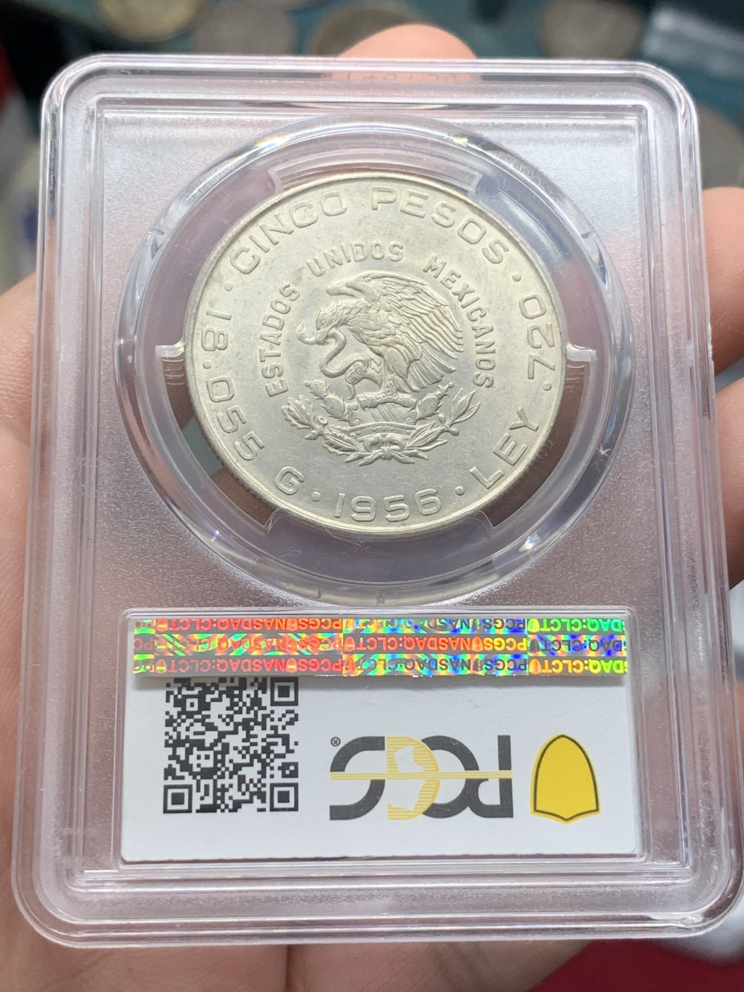 《竞宝斋》第89场-本周日，周一，周四，3场连拍（全场不限金额包邮） PCGS-AU58  墨西哥 1956年MO 伊达尔戈5比索银币 