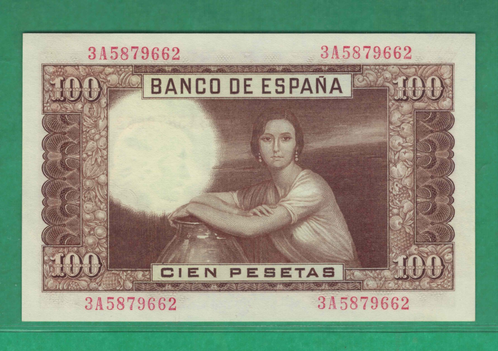 西班牙1953年(1955年)100比塞塔 9位红号码 欧洲纸币 实物图 UNC