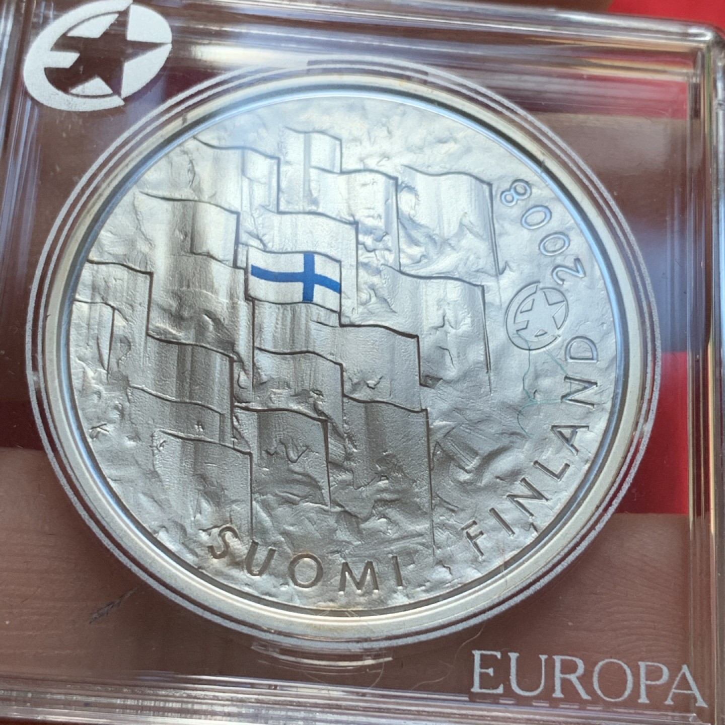 《竞宝斋》第89场-本周日，周一，周四，3场连拍（全场不限金额包邮） 芬兰 2008年国旗九十周年纪念 10欧元 精制大银币 25.5克 925银