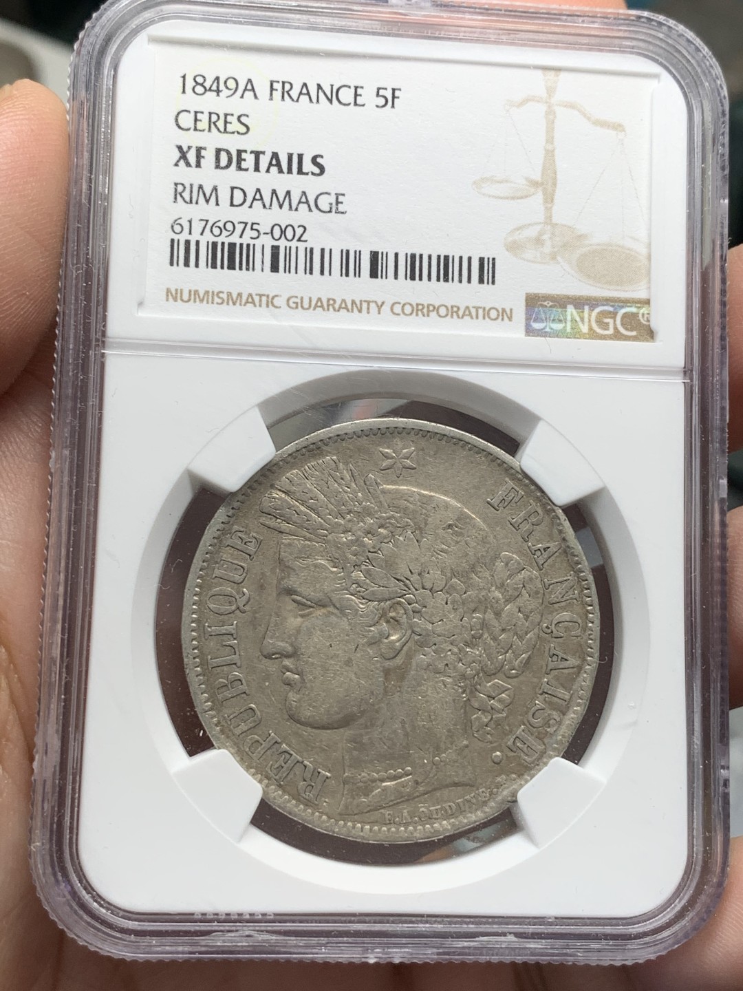 《竞宝斋》第89场-本周日，周一，周四，3场连拍（全场不限金额包邮） NGC-XFD  法国 1849年A 谷物女神 5法郎银币