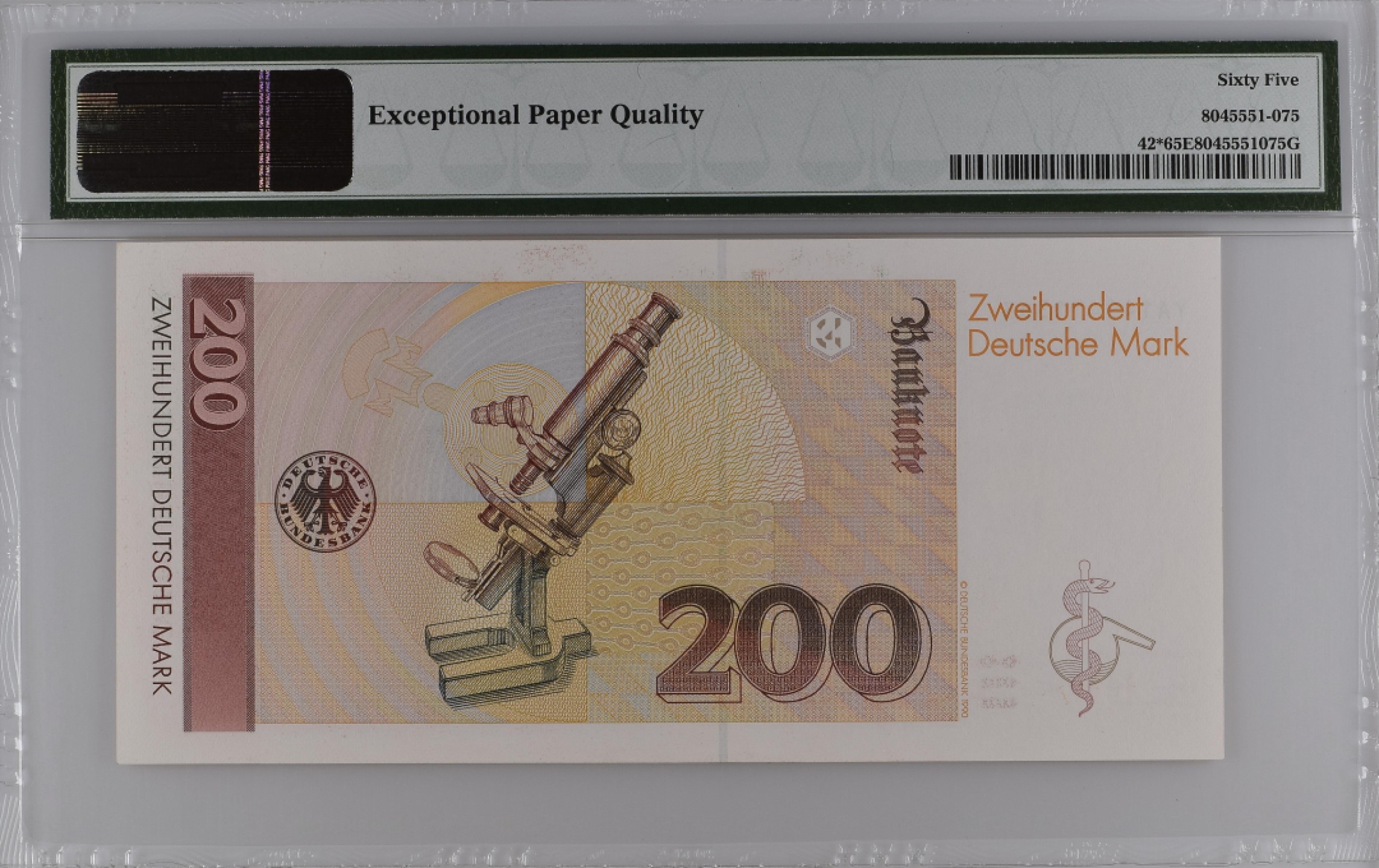 收藏联盟Quantum Auction 第187期拍卖 德国联邦1989年200马克 PMG65 补号 医学家艾尔利希（早期梅毒特效药666发现者）