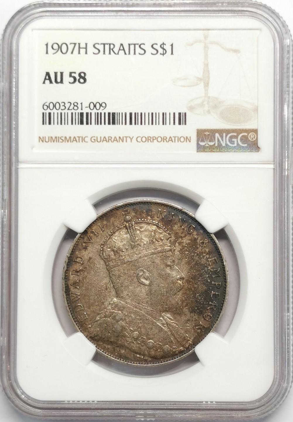 凡希社世界钱币微拍第二百零九期 1907H海峡殖民地爱七壹元NGC-AU58原味品！