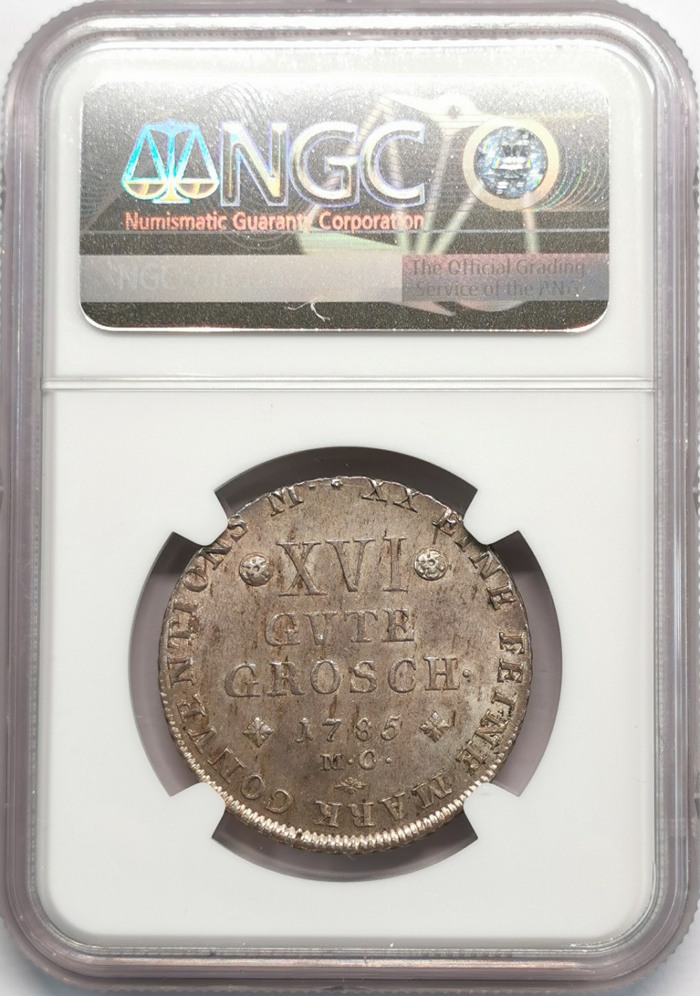 凡希社世界钱币微拍第二百零九期 1785布伦瑞克沃芬布特尔16GG（1/2泰勒）NGC-MS63紫金彩品相难得！