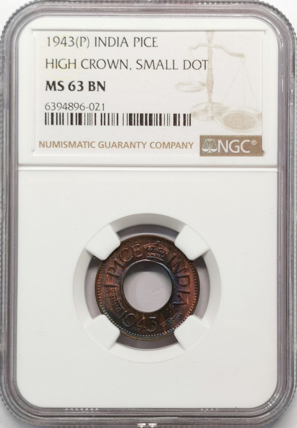 凡希社世界钱币微拍第二百零九期 1943英属印度pice铜币NGC-MS63