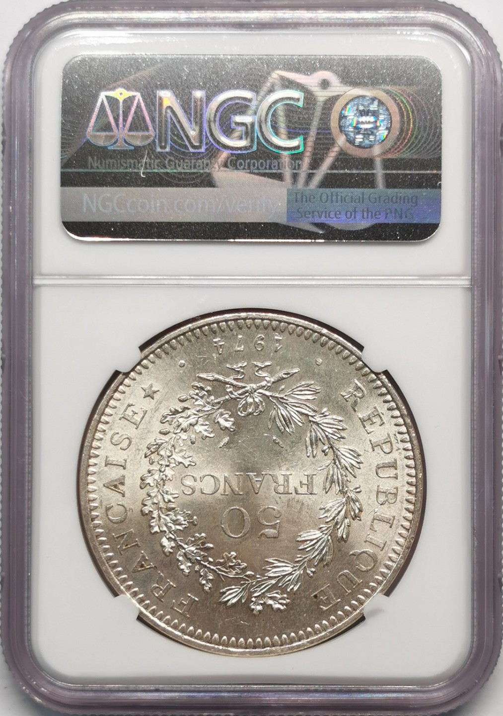 凡希社世界钱币微拍第二百零九期 1974法国大力神50法郎大银NGC-MS64