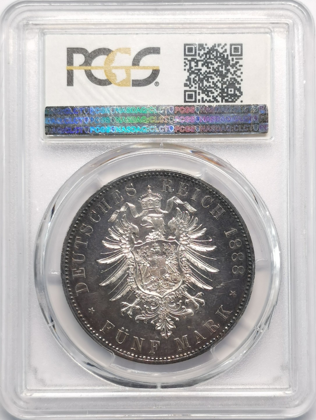 凡希社世界钱币微拍第二百零九期 1888普鲁士三皇之年短翅5马克精铸PCGS-PF64黑漆古包浆！