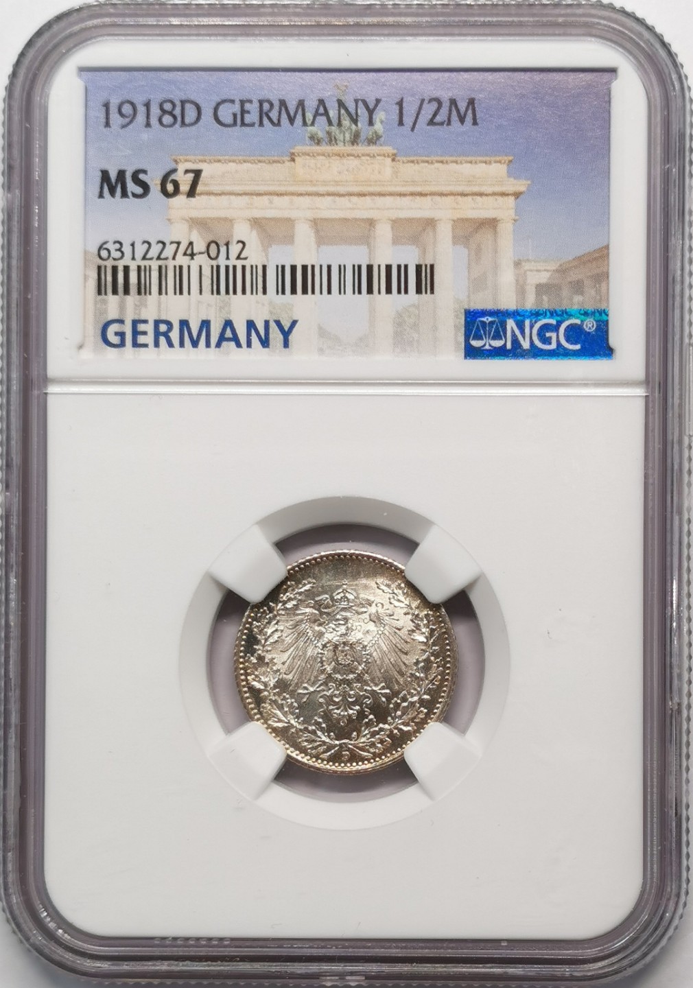 凡希社世界钱币微拍第二百零九期 1918德国鹰1/2马克银币NGC-MS67高分！