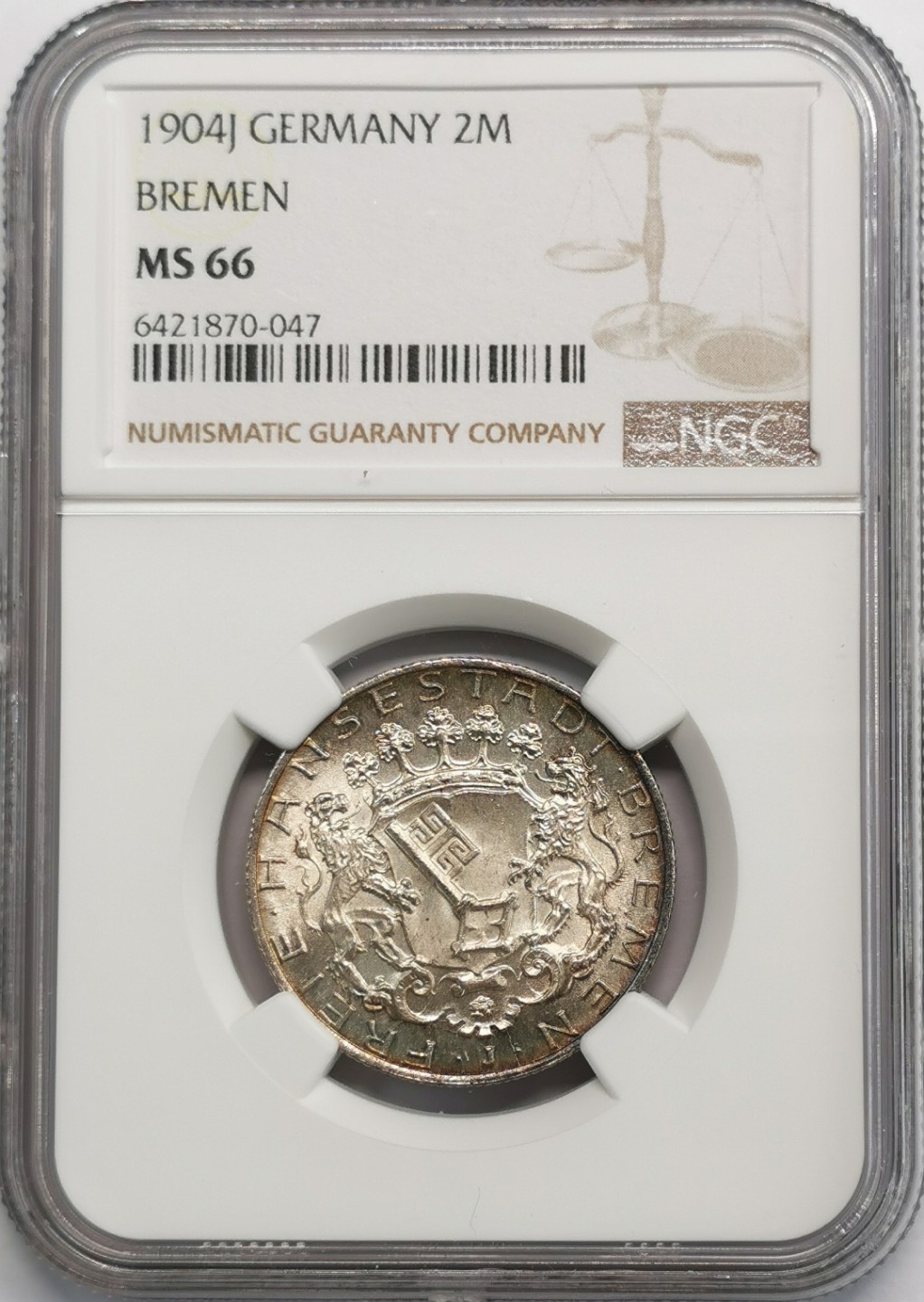 凡希社世界钱币微拍第二百零九期 1904J不来梅自由市2马克NGC-MS66