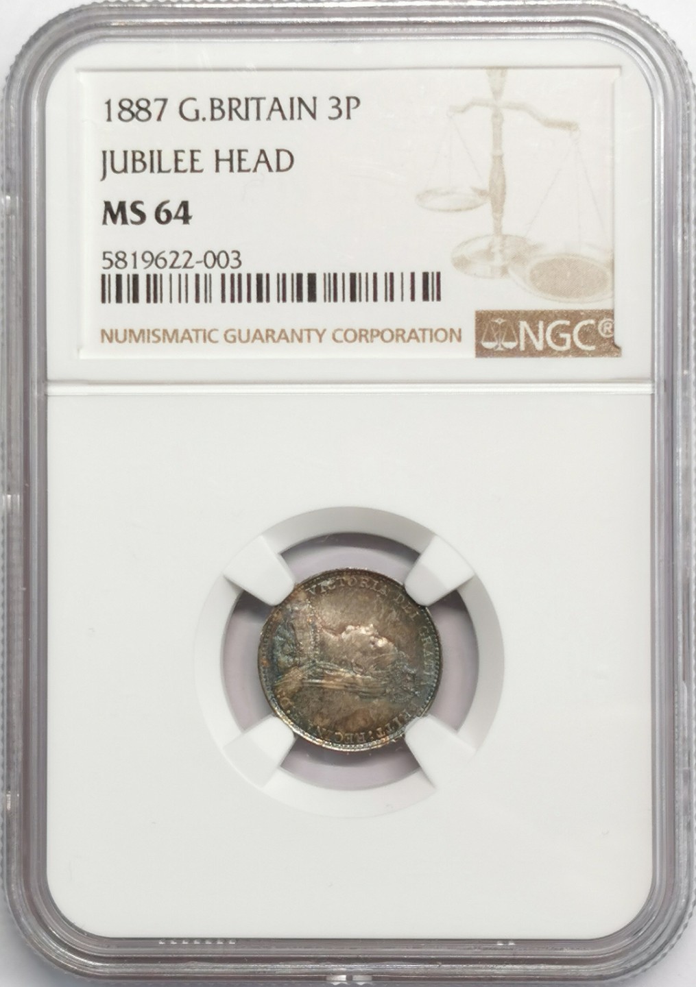 凡希社世界钱币微拍第二百零九期 1887英国老维3便士银币NGC-MS64五彩！