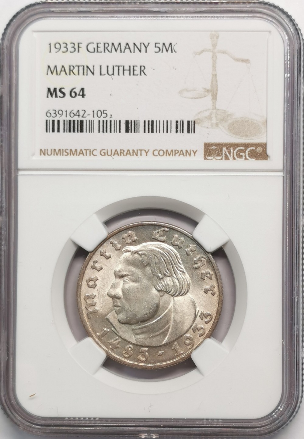 凡希社世界钱币微拍第二百零九期 1933F德国路德5马克NGC-MS64
