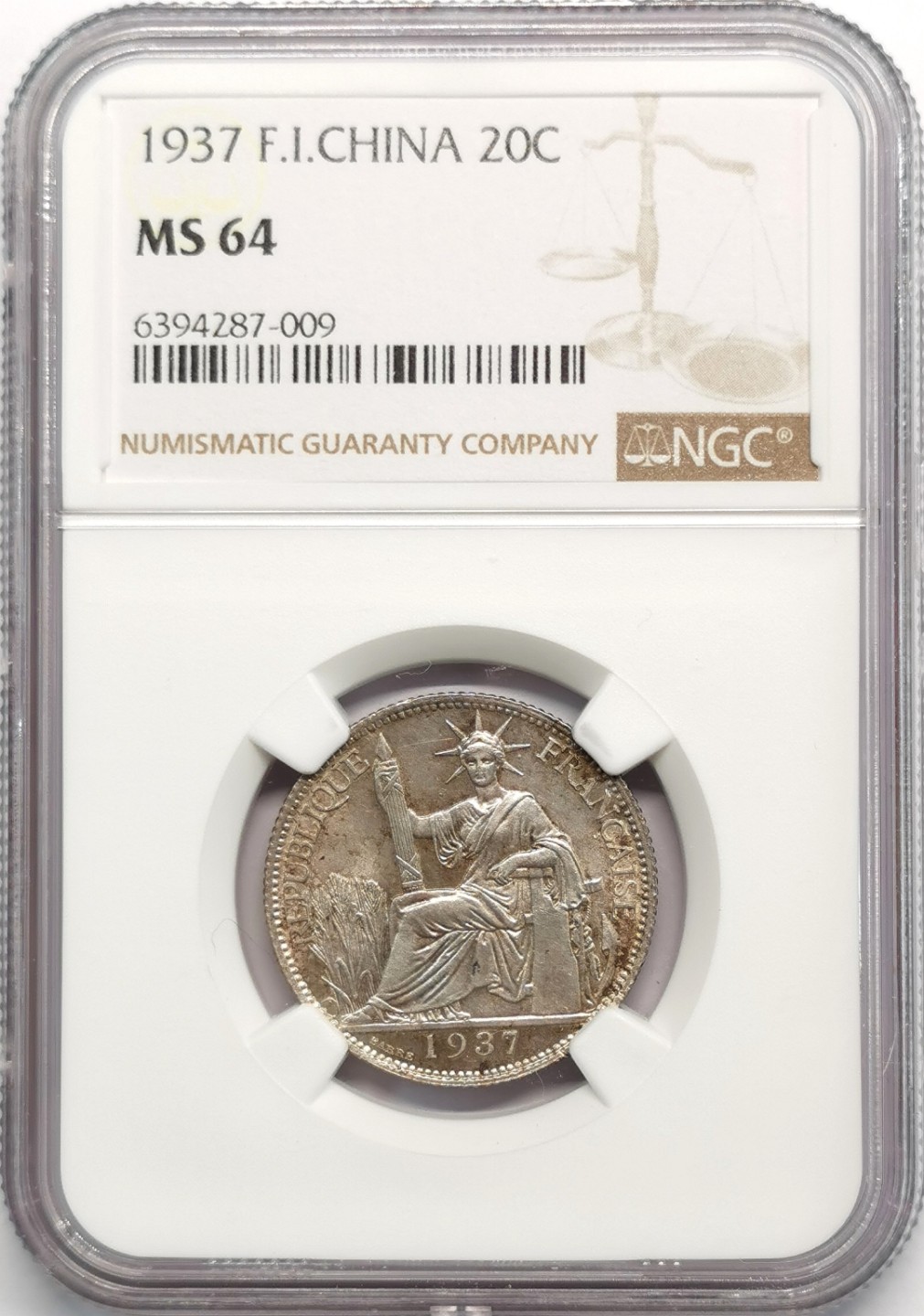 凡希社世界钱币微拍第二百零九期 1937法属印度支那20分NGC-MS64淡彩！