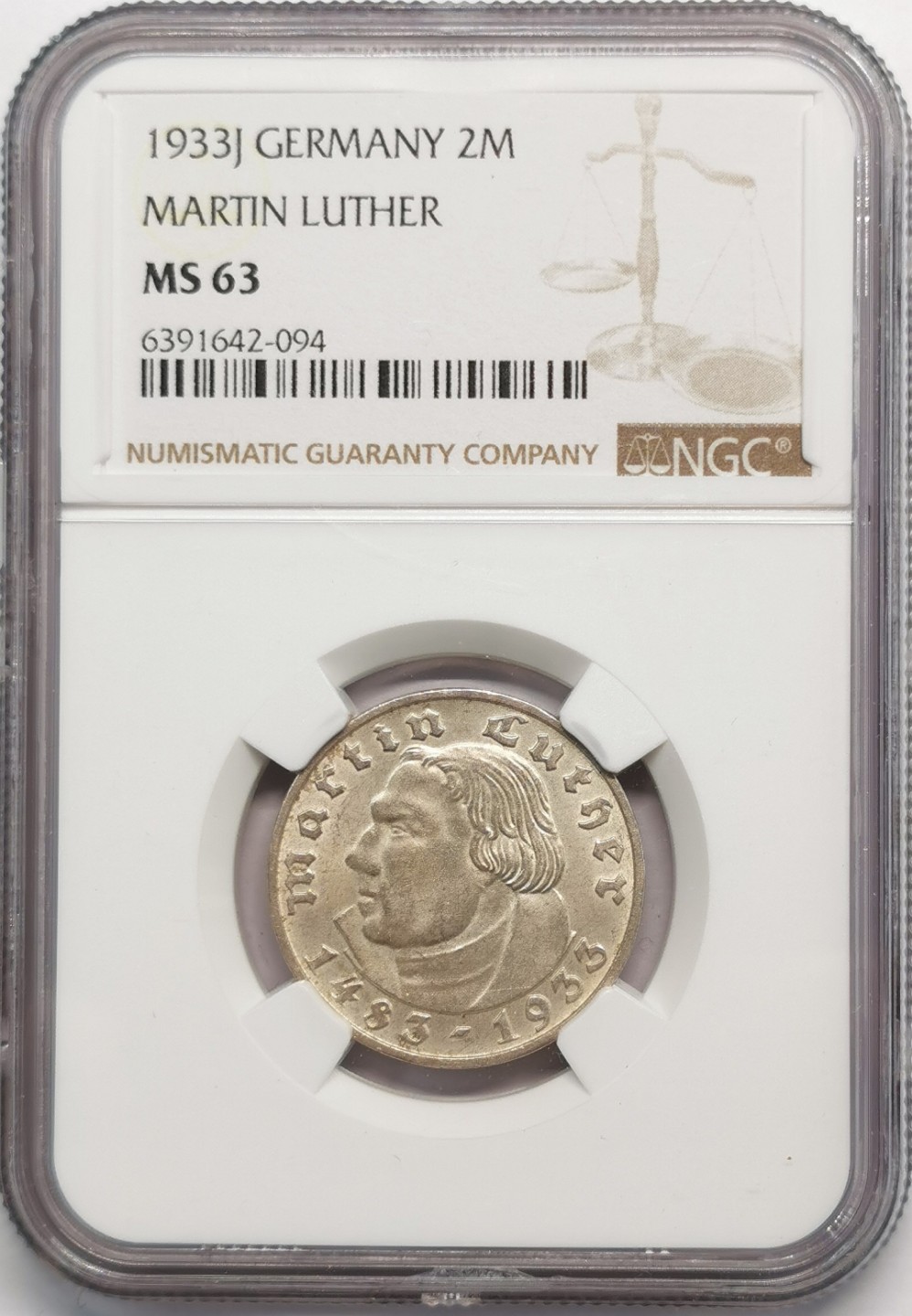 凡希社世界钱币微拍第二百零九期 1933J德国路德2马克NGC-MS63