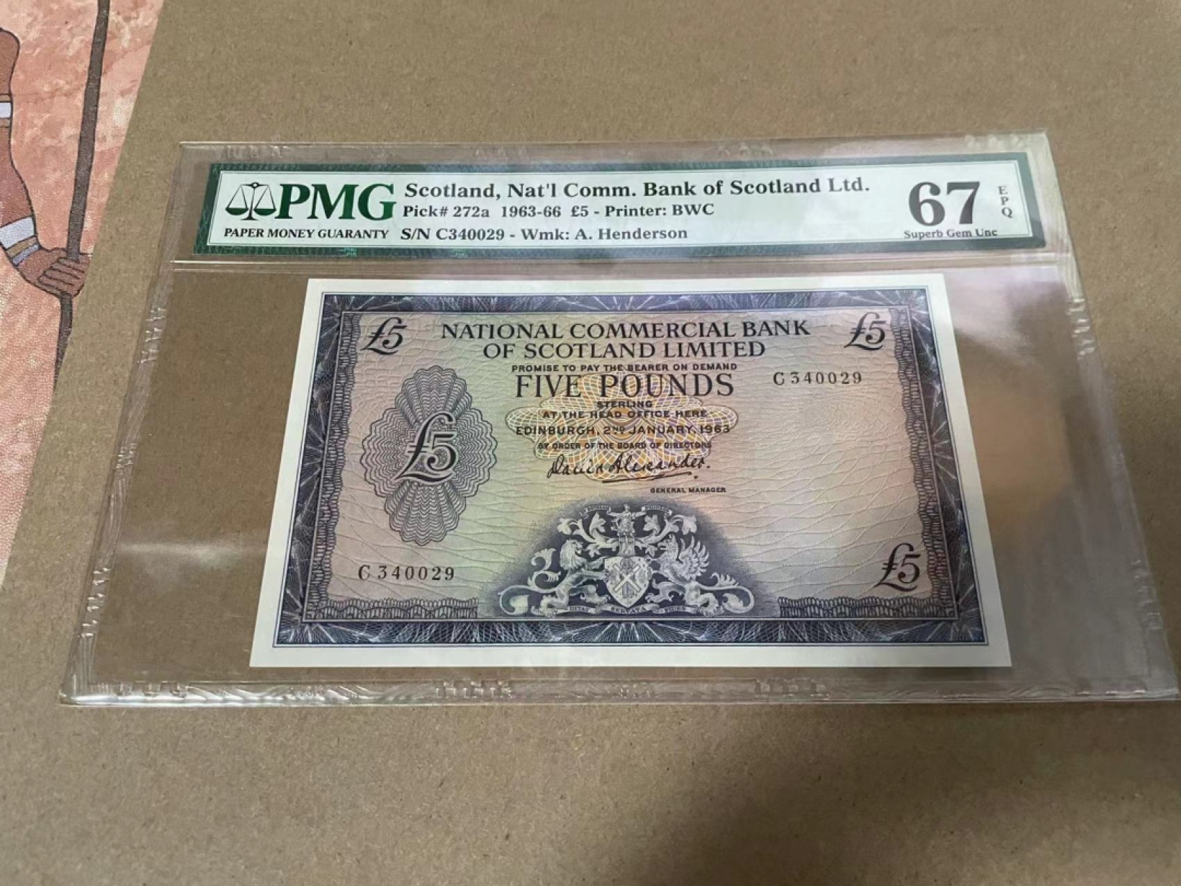 【Blue Auction】✨世界纸币精拍第218期【精】——安彻尔和安娜 苏格兰 1963-66年5镑 PMG67EPQ 高分 雕刻精美