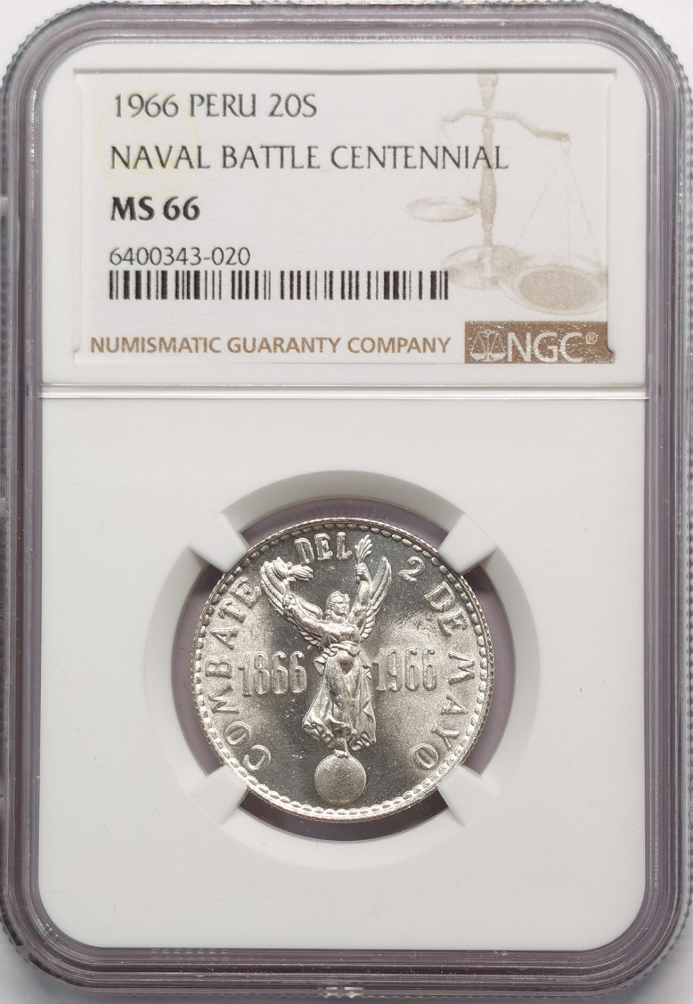 凡希社世界钱币微拍第二百零九期 1966秘鲁20S纪念银币NGC-MS66