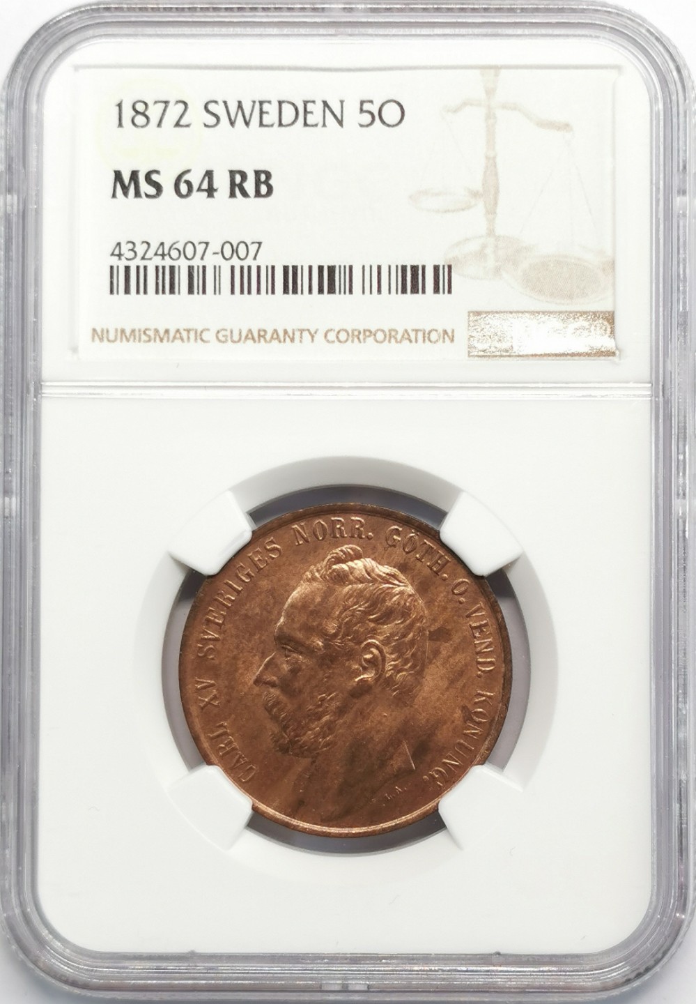 凡希社世界钱币微拍第二百零九期 1872瑞典卡尔十五世5欧尔铜币NGC-MS64RB