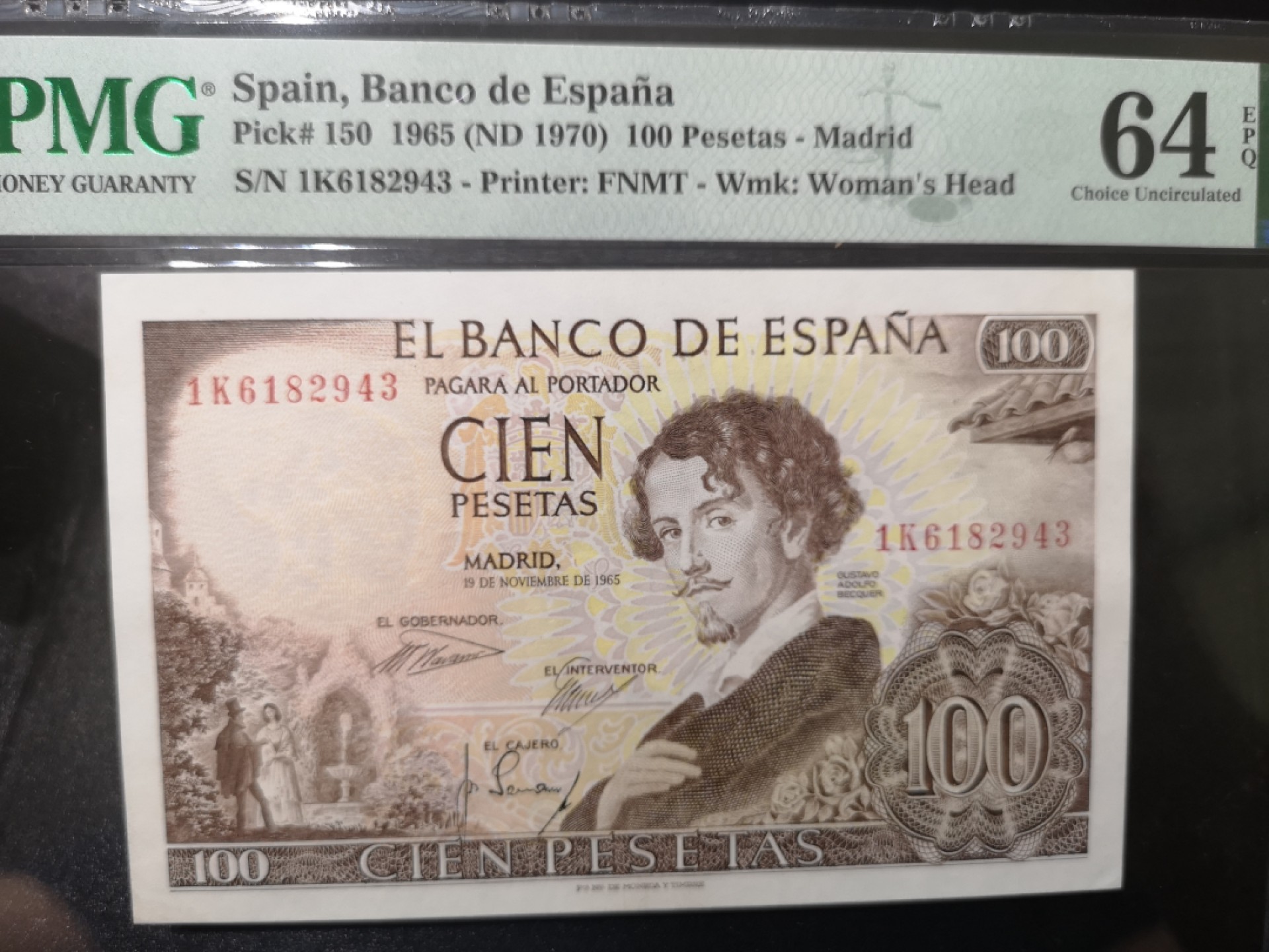 《外钞收藏家》第一百九十八期 1965年西班牙100比塞塔 PMG64E