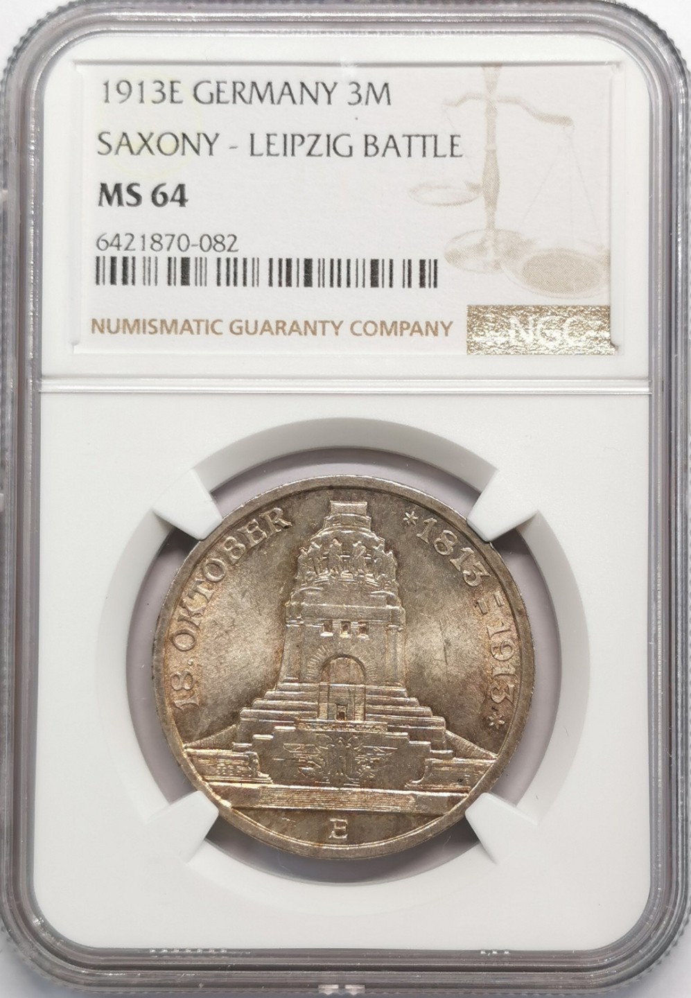 凡希社世界钱币微拍第二百零九期 1913德国莱比锡纪念3马克NGC-MS64
