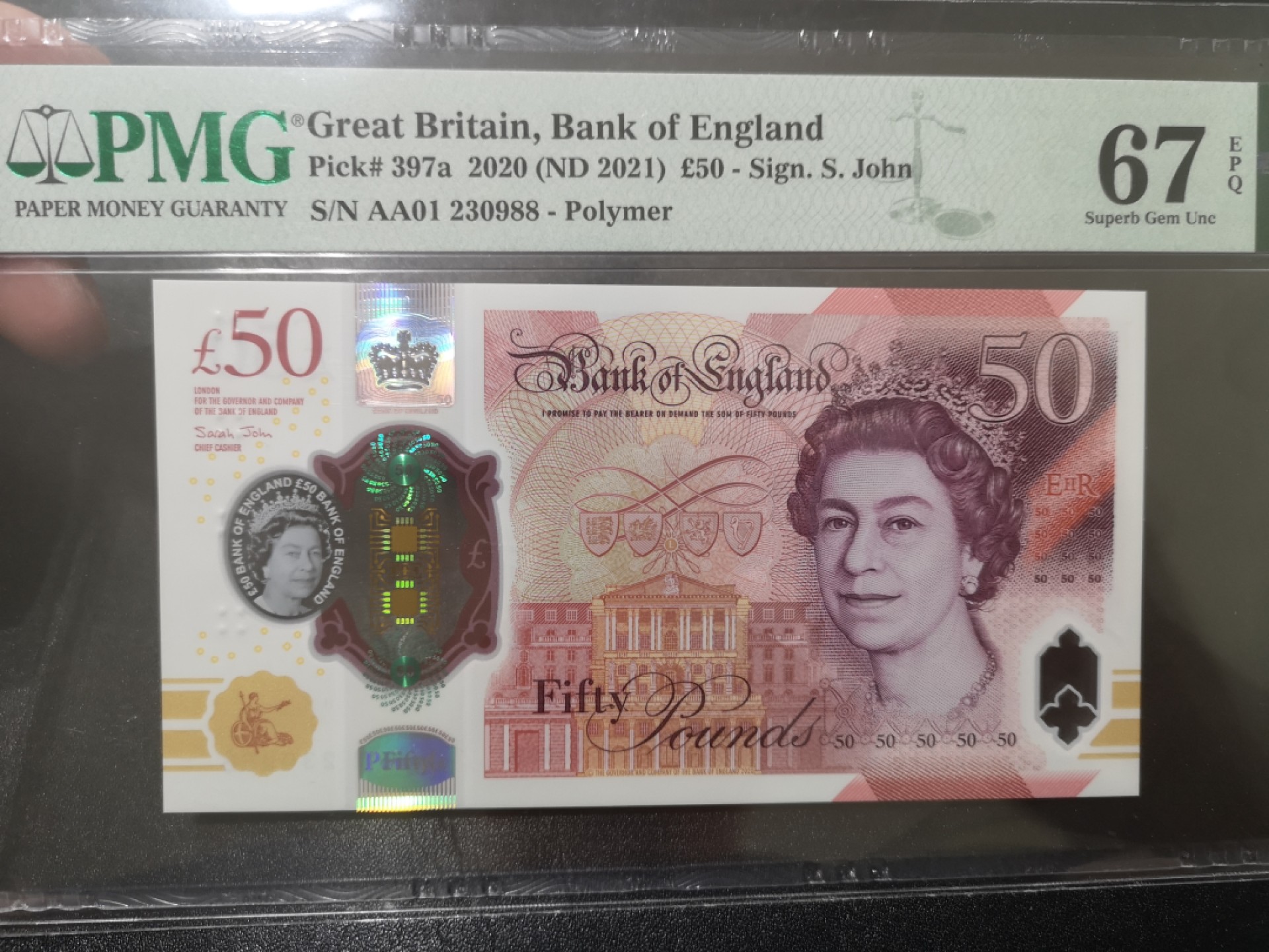 《外钞收藏家》第一百九十八期 2020年英国最新版50镑 PMG67高分 无47尾88 AA01首发冠