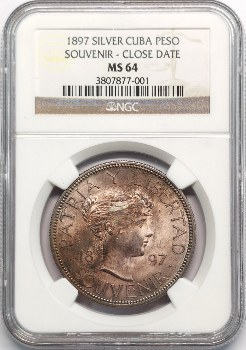 凡希社世界钱币微拍第二百零九期 稀！1897古巴美女比索大银NGC-MS64绝美紫罗兰彩！