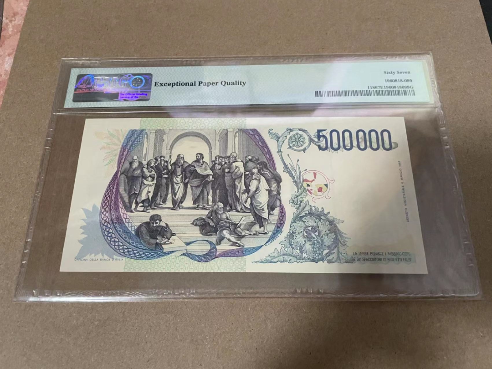 【Blue Auction】✨世界纸币精拍第218期【精】——安彻尔和安娜 意大利 1997年50万里拉 最高值 经典拉斐尔 PMG67EPQ 高分