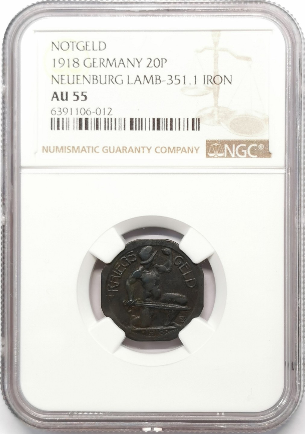 凡希社世界钱币微拍第二百零九期 1918德紧纽伦堡20芬尼铁币NGC-AU55