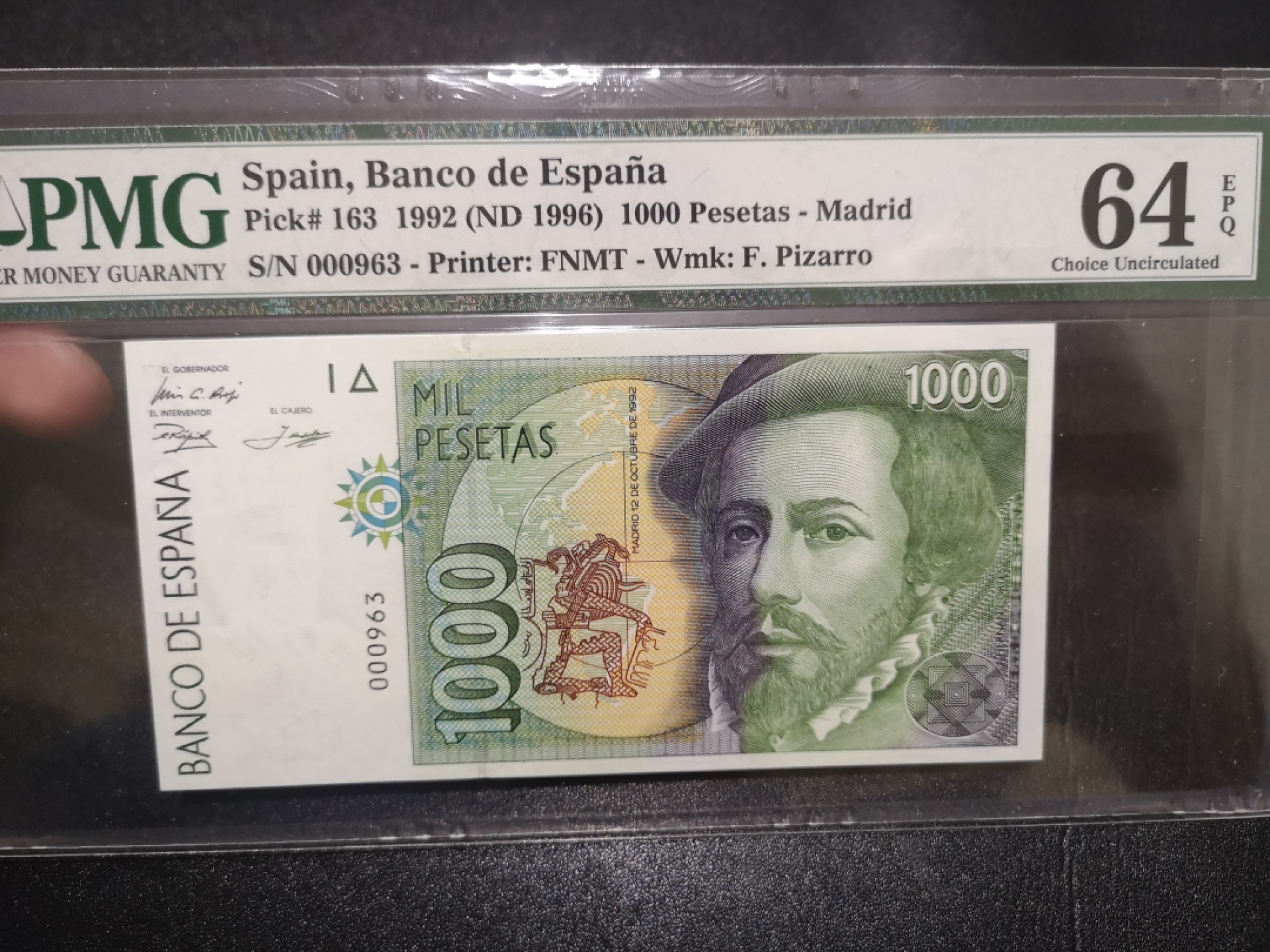 《外钞收藏家》第一百九十八期 1992年西班牙1000比塞塔 PMG64E 百位号963 跟下面是全同号