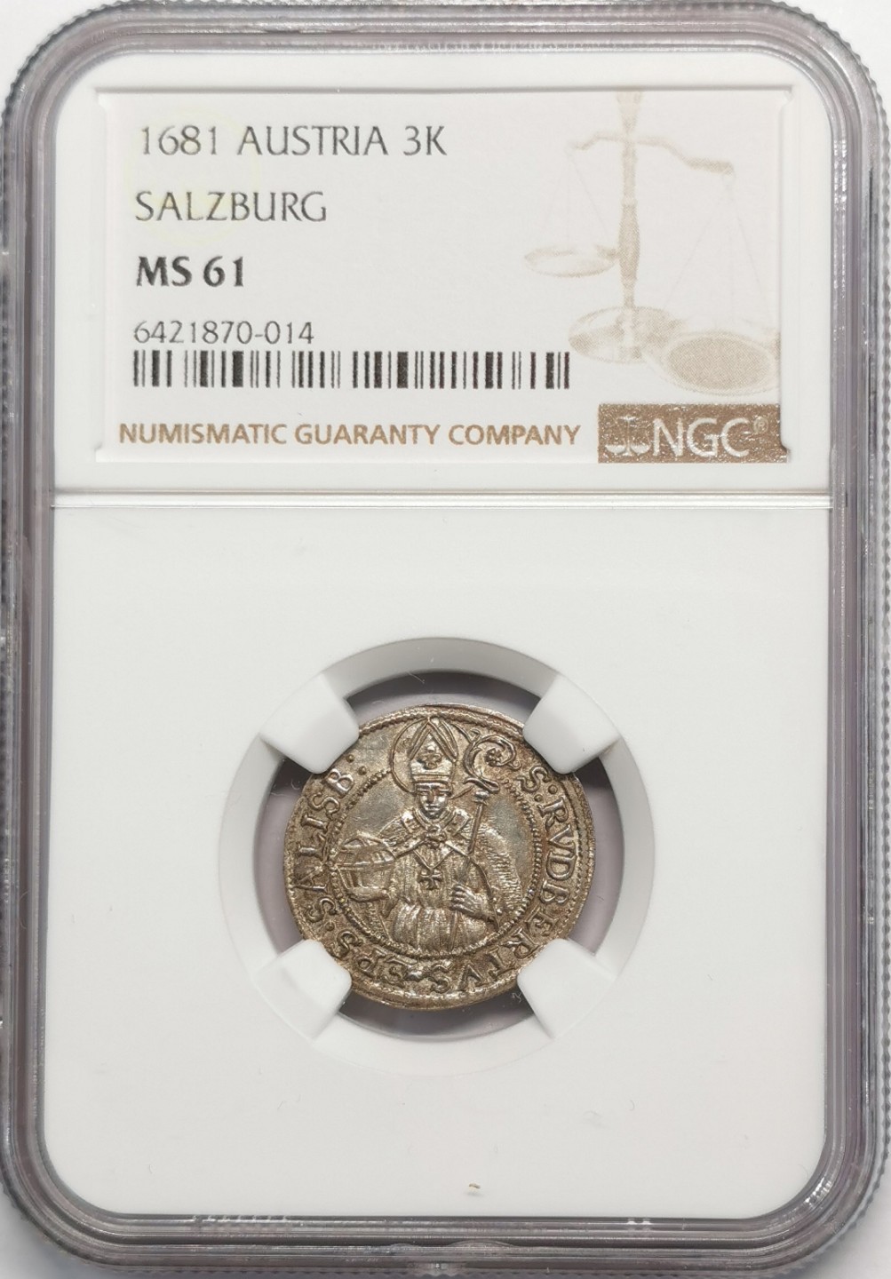 凡希社世界钱币微拍第二百零九期 1681萨尔茨堡3K银辅币NGC-MS61