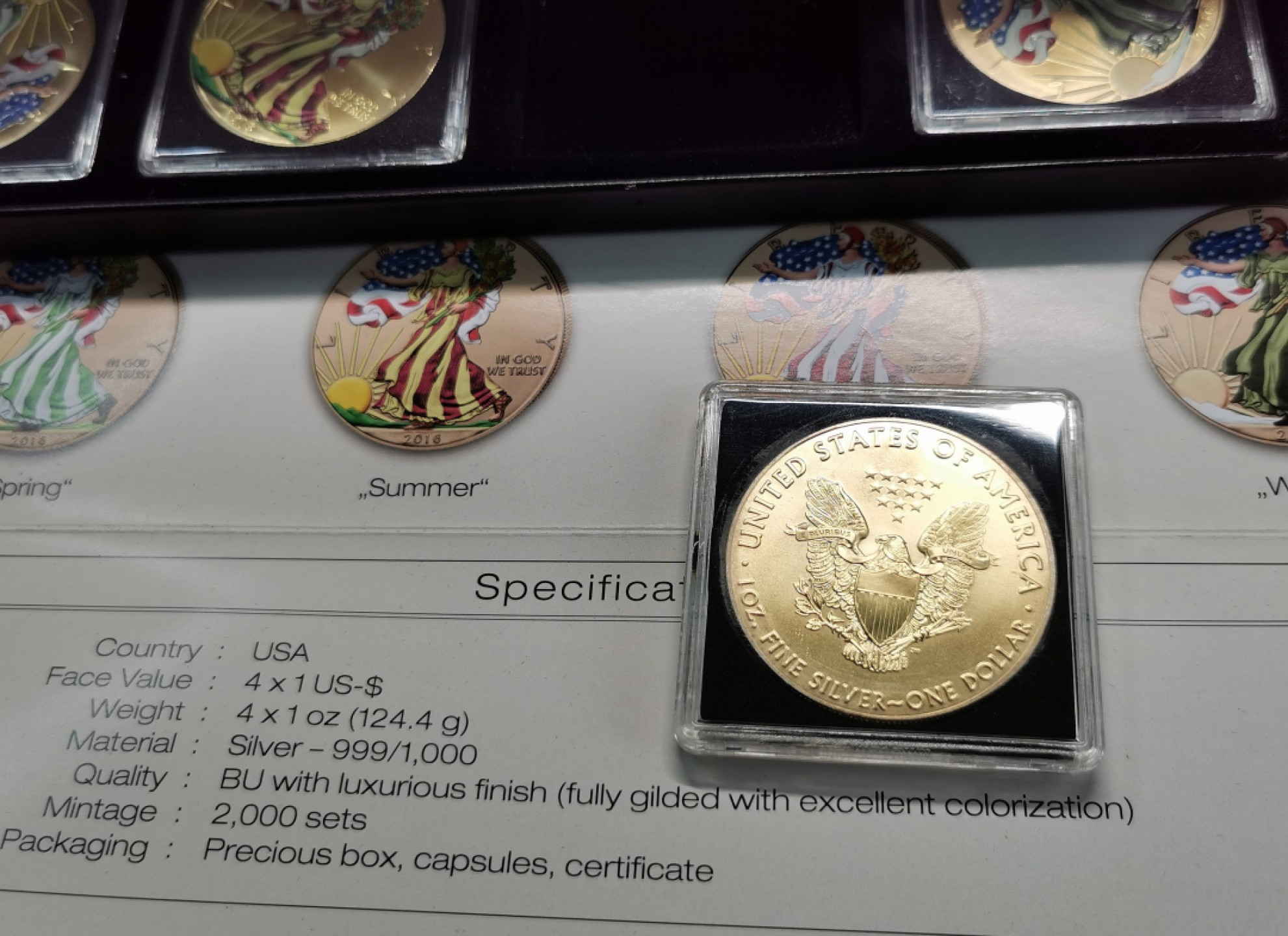 凡希社世界钱币微拍第二百零九期 美国四季彩银DOLLAR四枚 原厂盒证！