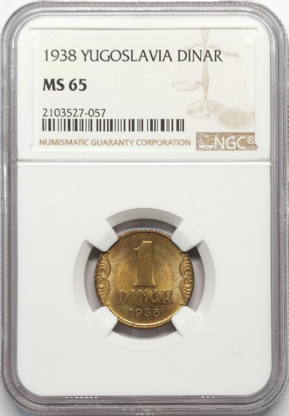 凡希社世界钱币微拍第二百零九期 1938南斯拉夫DINAR铜币NGC-MS65