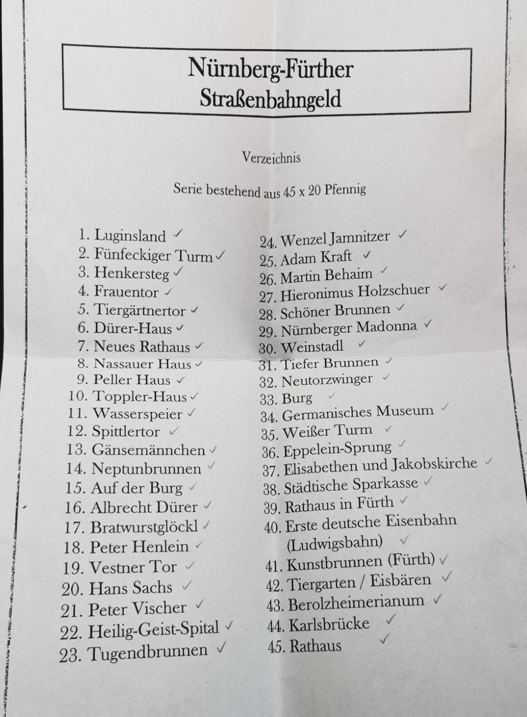 凡希社世界钱币微拍第二百零九期 德国纽伦堡电车代用币全套45枚带包装！