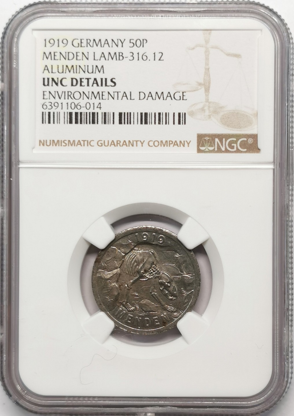 凡希社世界钱币微拍第二百零九期 1919德紧门登洞熊50芬尼铝币NGC-UNCD